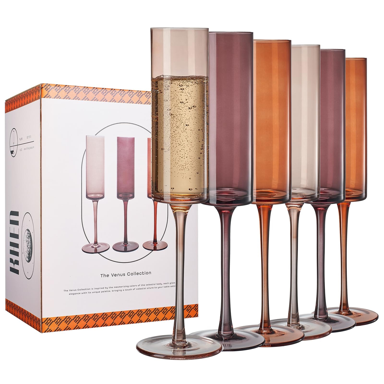 Khen Venus Glasses Luxury Glassware - Set of 6 - Everyday, Winter Gift Her, Mom, Wife, Girlfriend, Special Celebrations Drinkware, Textured Glass, Brown Style Amber Colored -Champagne Flute 6oz: Champagne Flutes