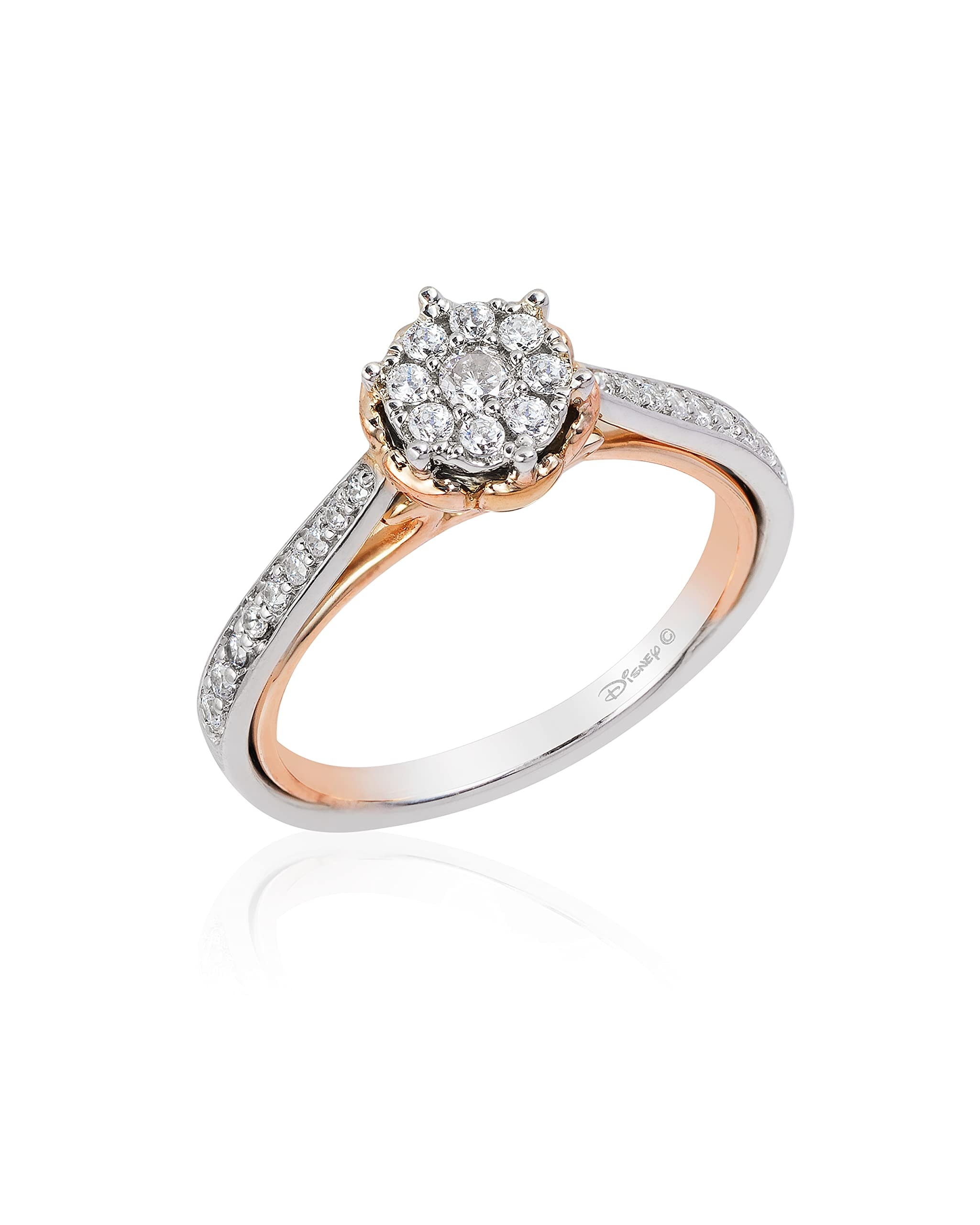 Jewelili Enchanted Disney Fine Jewelry 14K White Gold and Rose Gold 1/3 Cttw Diamond Belle Rose Composite Bridal Ring: 6