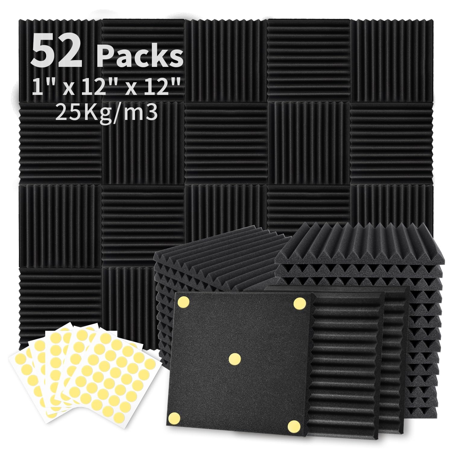 Acoustic Foam Panels 1" x 12" x 12" Sound Proof Foam Panles Soundproofing Noise Cancelling Wedge Panels for Home Office Recoding Studio with 300PCS Double-Side Adhesive: 52 Pack