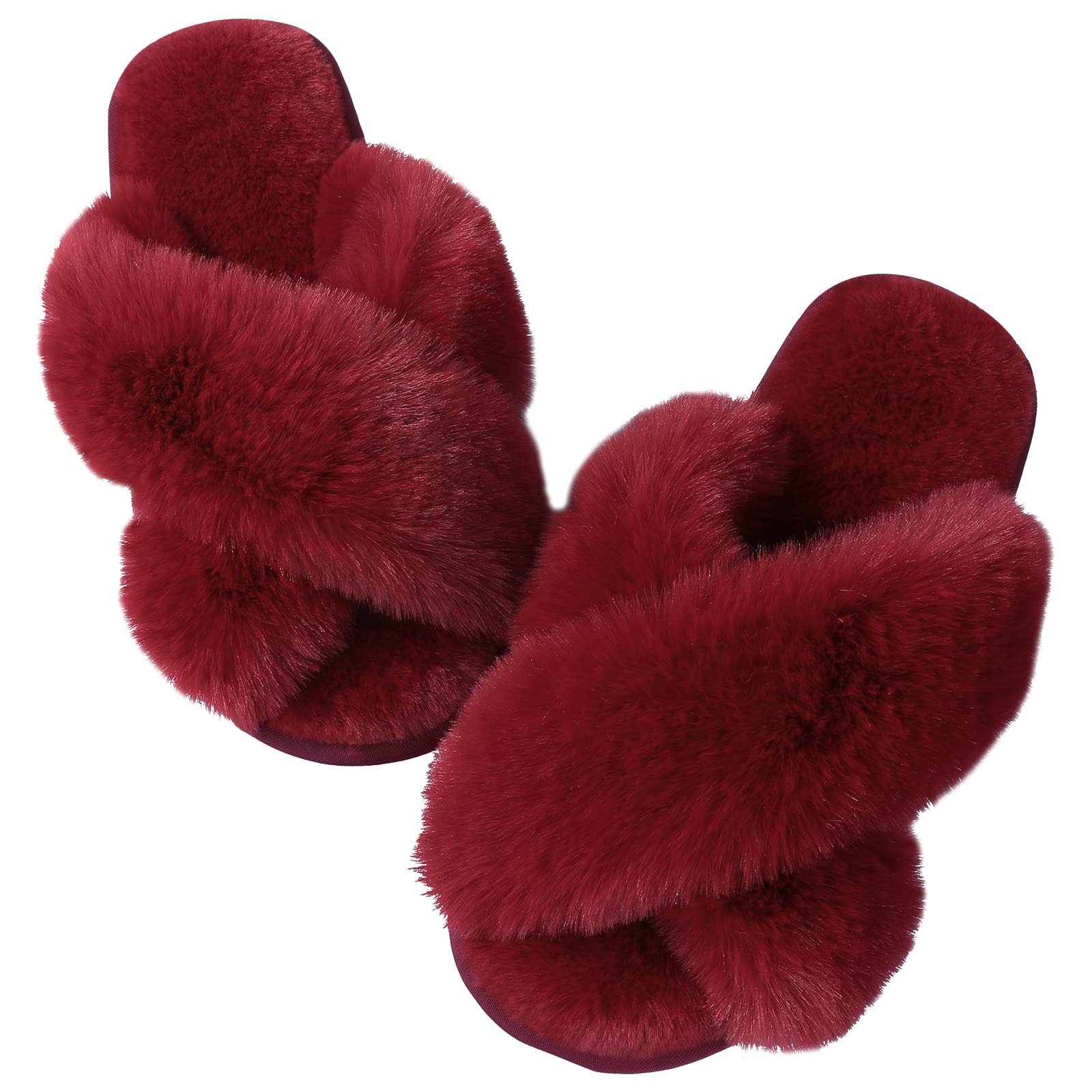 Ankis Womens Fuzzy Memory Foam Slippers Cross Band Cozy Plush Home Slippers Fluffy Furry Open Toe House Shoes Indoor Outdoor Slide Slipper: 7-8 Red