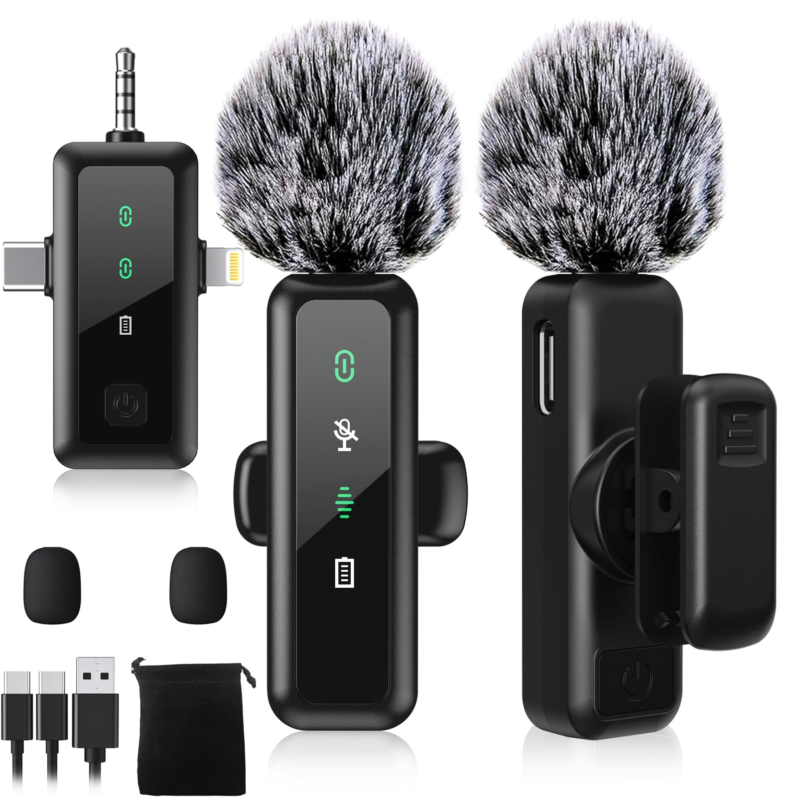 Wireless Lavalier Microphone for iPhone 5-14 Series, LED Display Mini Lav for iPhone with Noise Cancelling, Lapel Mic Wireless 2 pack for Content Creator Video Recording, Vlogging (Lightning Only): 3IN1 RX Mic