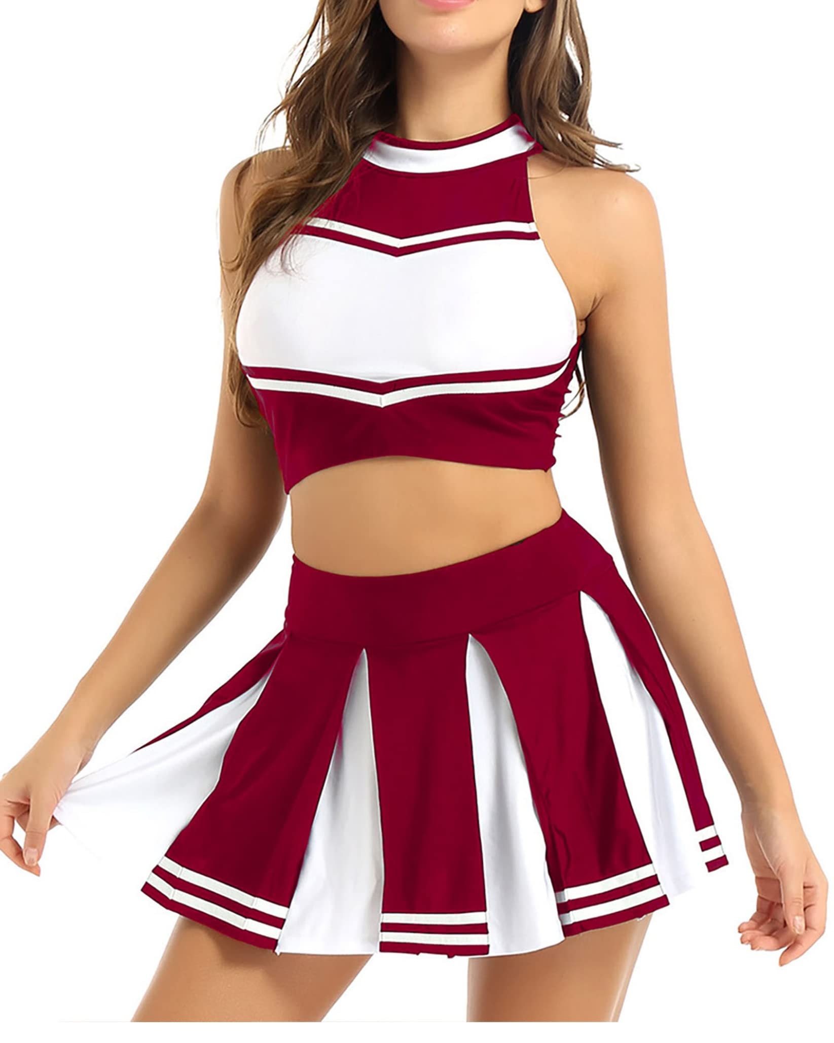 Women Cheer Leader Costume Uniform Cheerleading Adult Dress Outfit Crop Top with Pleated Mini Skirt: Wine Red Small