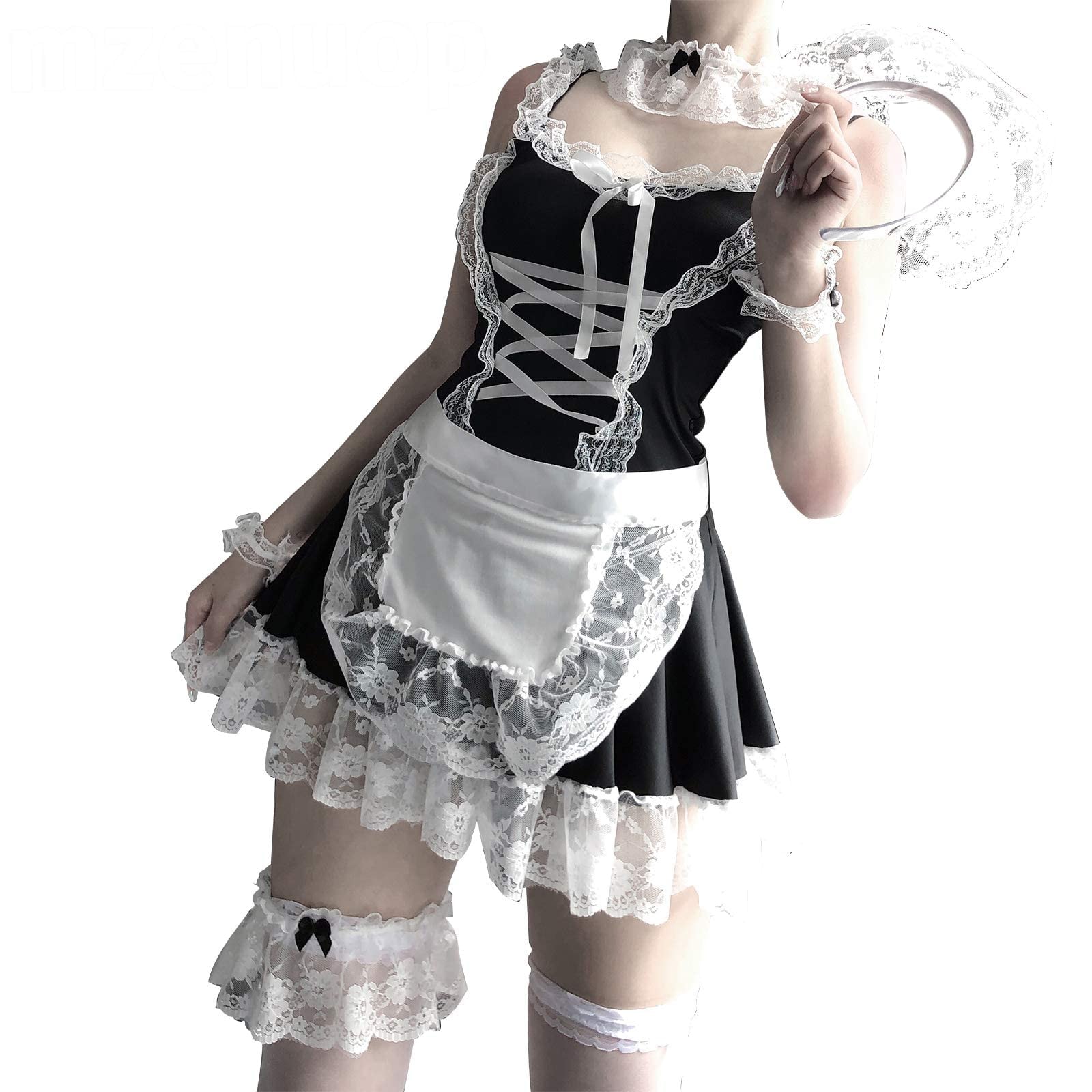 mzenuop Maid Outfit Halloween Maid Dress Cosplay Sweet Classic Apron Maid Costume with Socks: Small/Medium