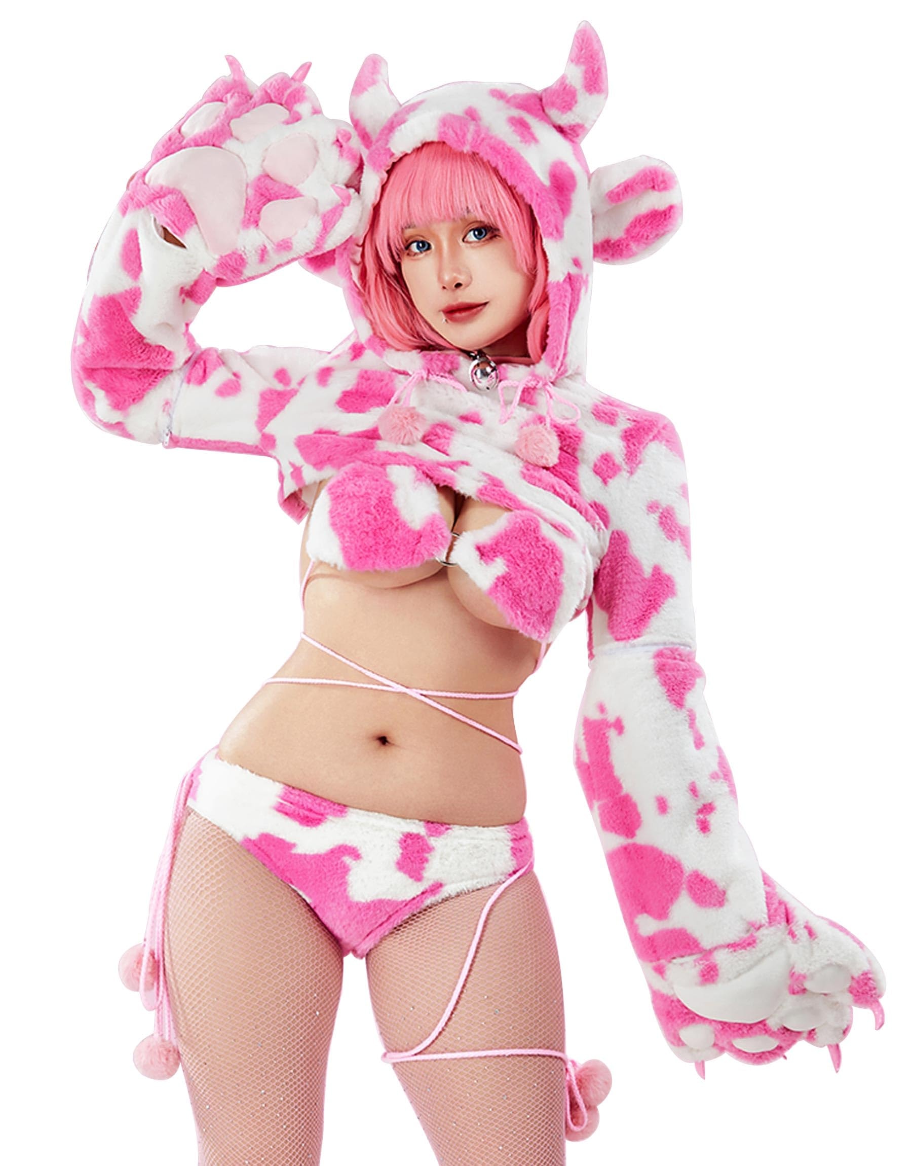 Women's Anime Cute Pajamas Set Cow Print Cosplay Lingerie Furry Paw Set Fuzzy Hoodie Top and Bra Panty Outfit: Small Pink