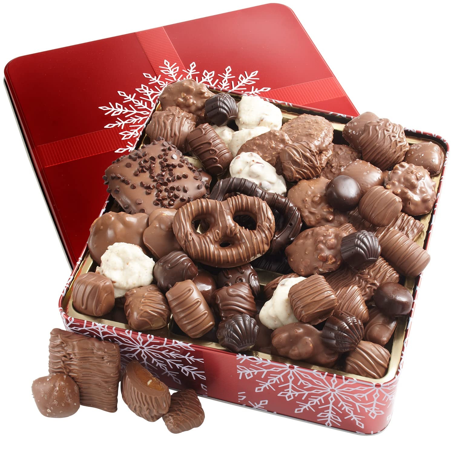 BONNIE AND POP - Valentines Day Chocolate Gift Basket- Gourmet Chocolate Snack Variety Present in Keepsake Tray- Includes Belgium Pretzels, Peppermint Patties, Sea Salt Caramels, Chocolate Espresso Beans- Bonnie and Pop - Image 1