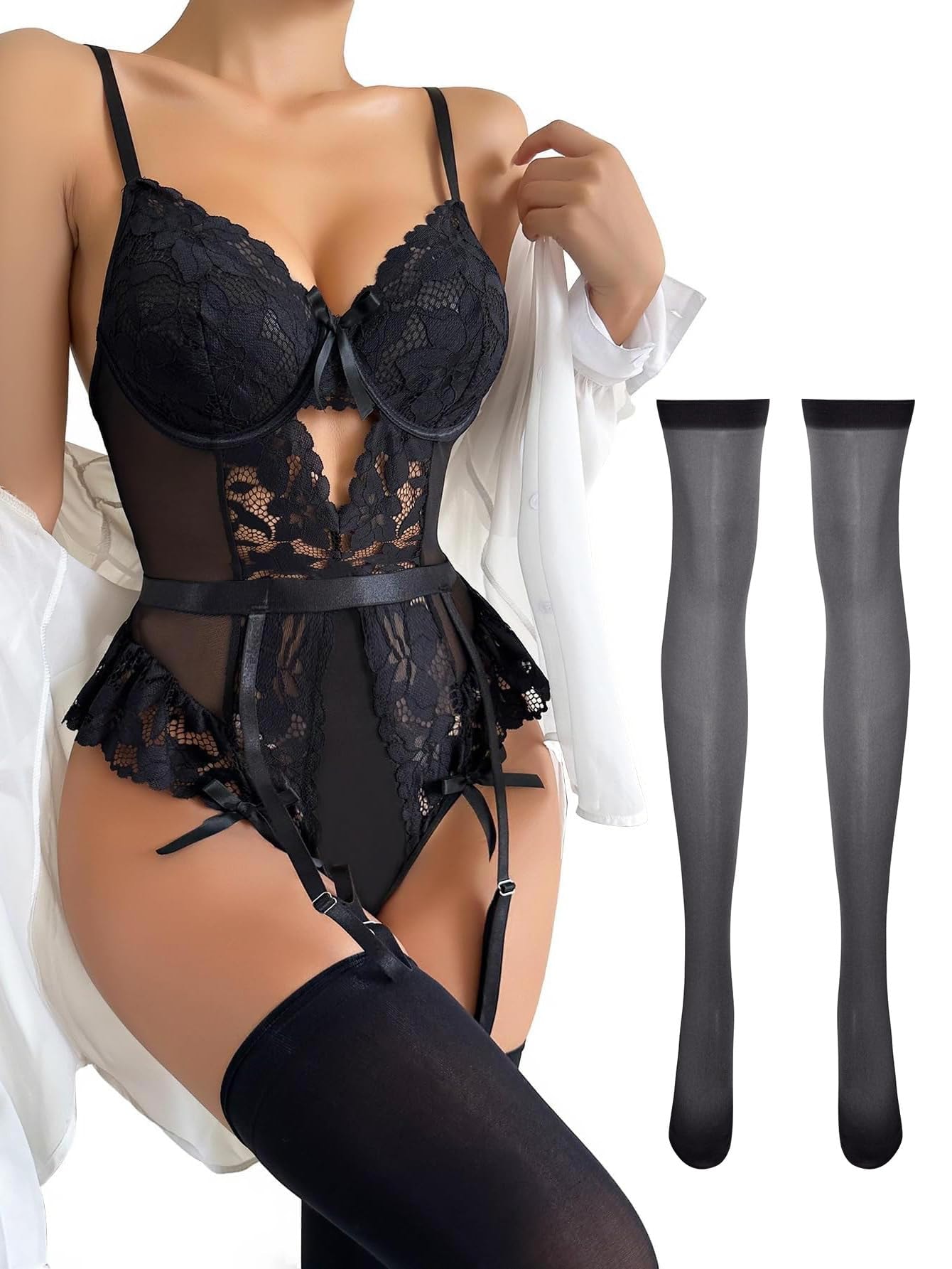 Lilosy Sexy Stocking Lace Mesh Bodysuit Underwire Garter Lingerie Set 3 Piece: Small Black