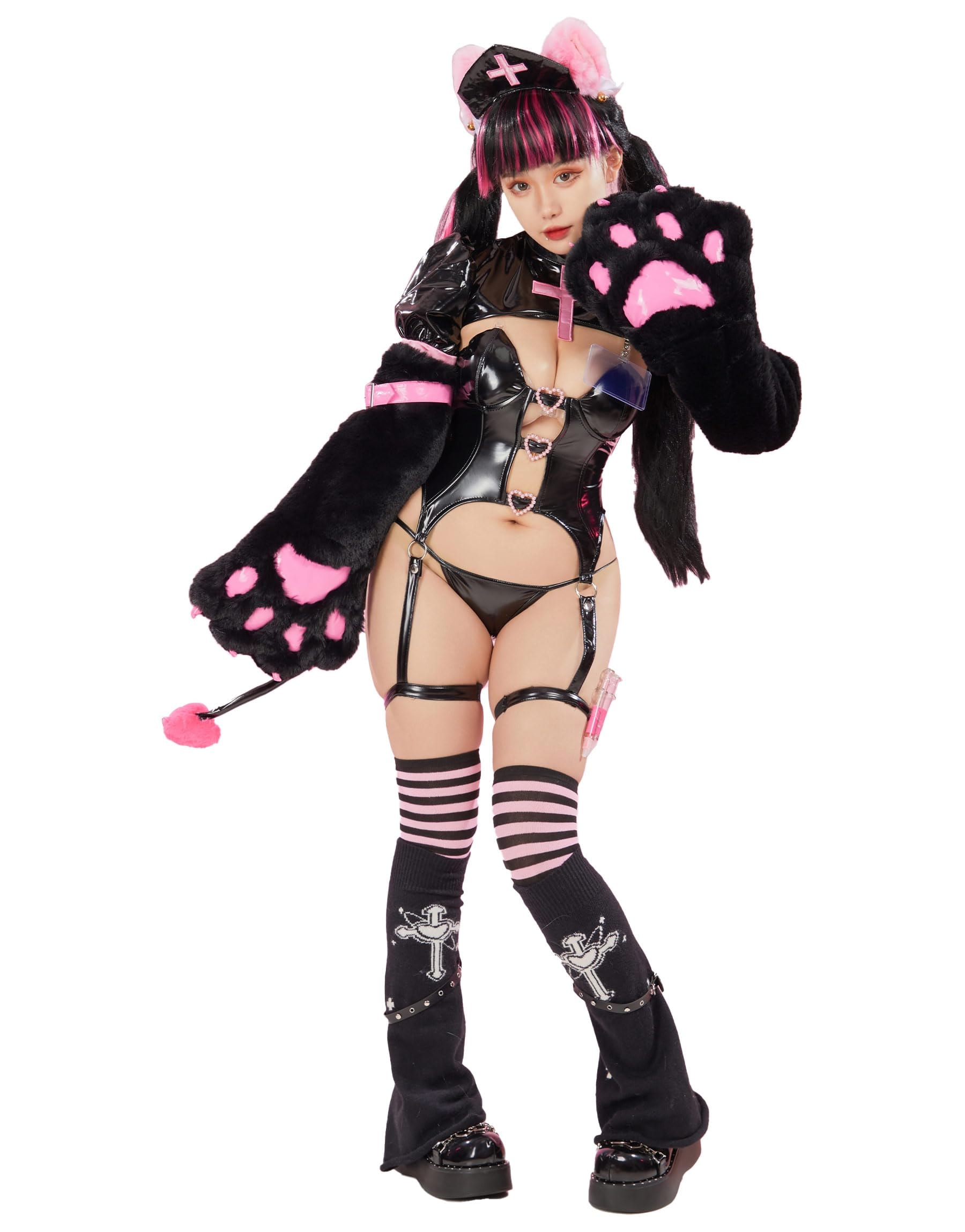 Nurse Cosplay Costume Nurse Lingerie Set Top and Panty with Furry Cat Paw Claws Sleeves and Thigh Socks: Small Black