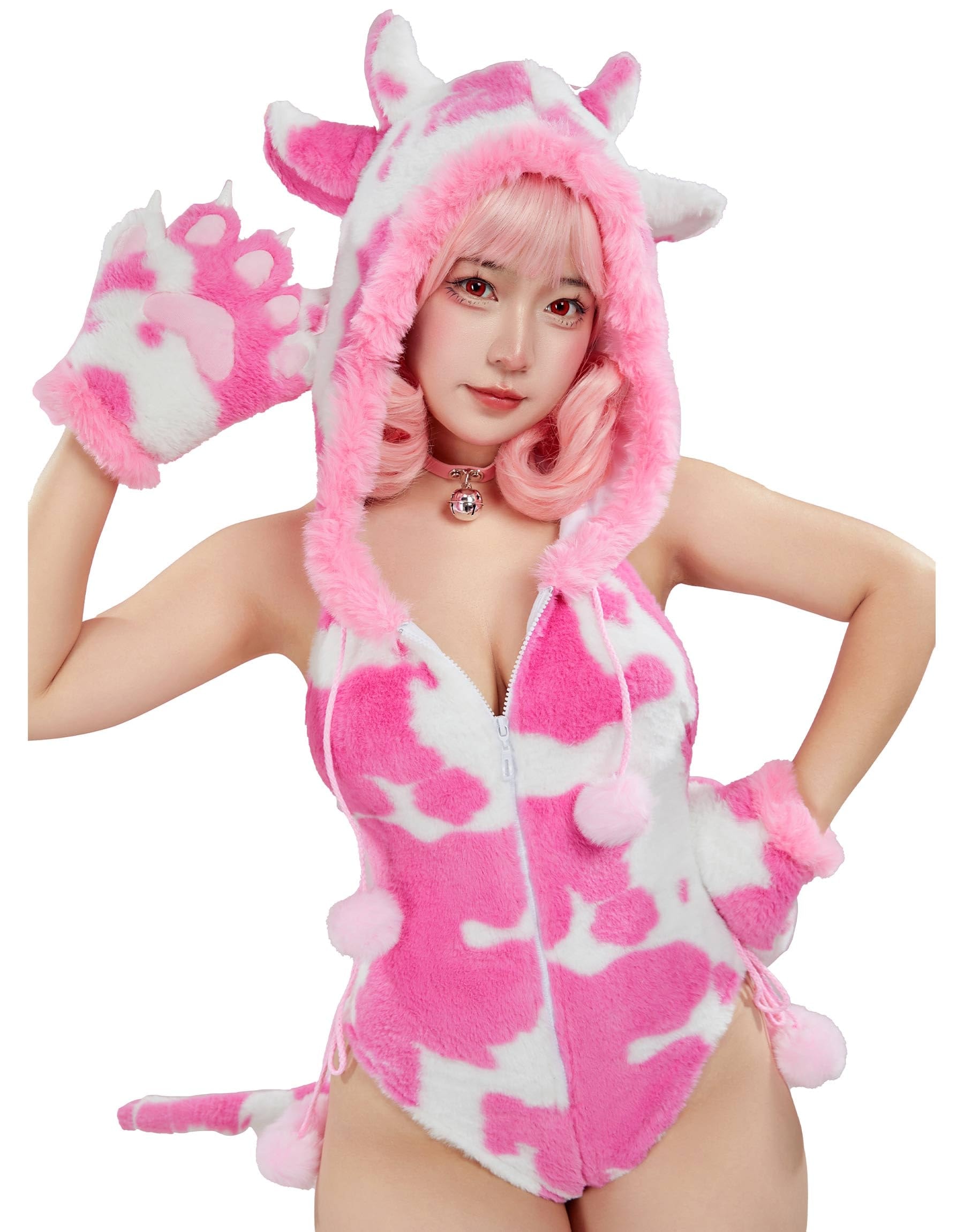 Women's Cow Print Romper Onesie Pajamas Plush Hooded Bodysuit Furry Homewear Jumpsuit: Medium Pink