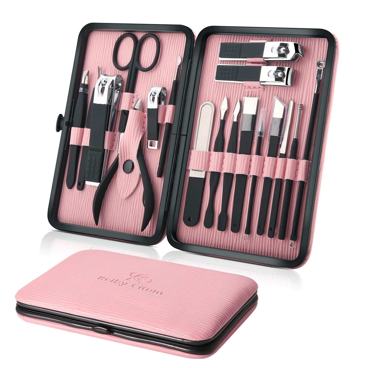 Manicure Set Professional Nail Clippers Kit Pedicure Care Tools- Stainless Steel Women Grooming Kit 18Pcs for Travel or Home (): Pink