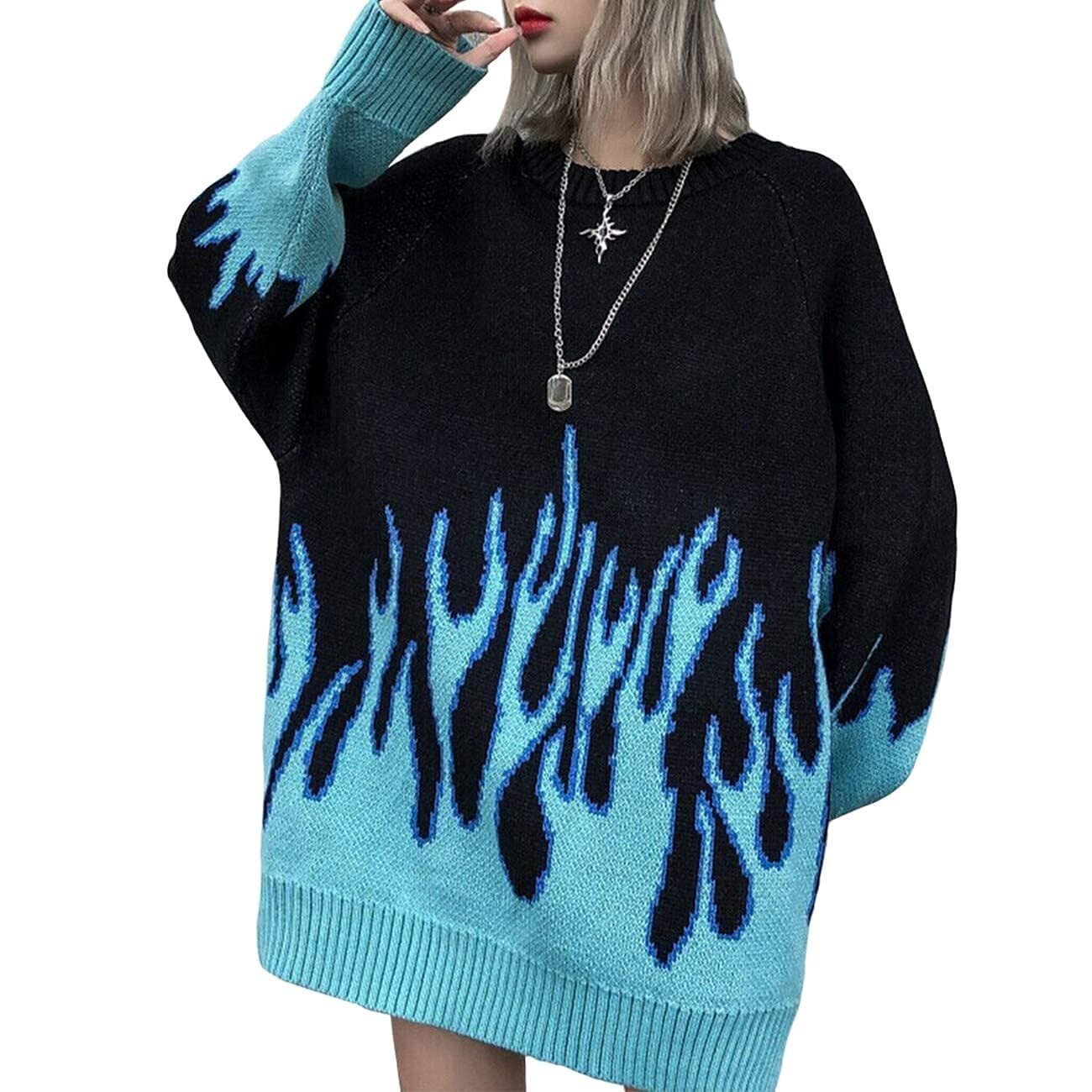 Vamtac Womens Crewneck Oversized Sweaters Y2K Aesthetic Flame Graphic Knitted Sweater Casual Pullover Long Sleeve Jumper: Vamtac Womens Crewneck Oversized Sweaters Y2K Aesthetic Flame Graphic Knitted Sweater Casual Pullover Long Sleeve Jumper