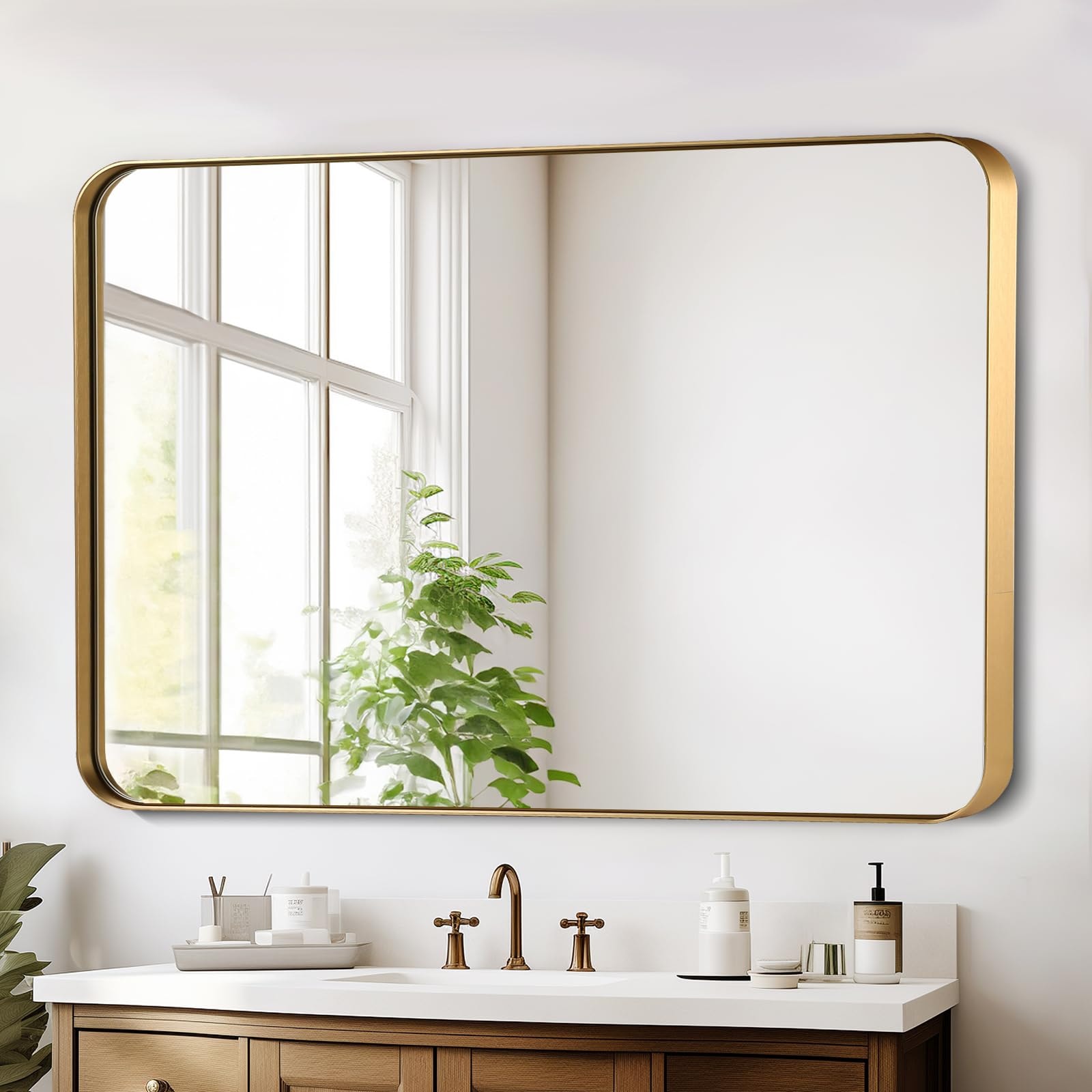 40x30 Inch Gold Bathroom Mirror, Brushed Metal Framed Rectangle Mirror with Rounded Corner, Gold Bathroom Vanity Mirror for Bedroom or Living Room, Horizontal/Vertical: 40"L x 30"W Gold