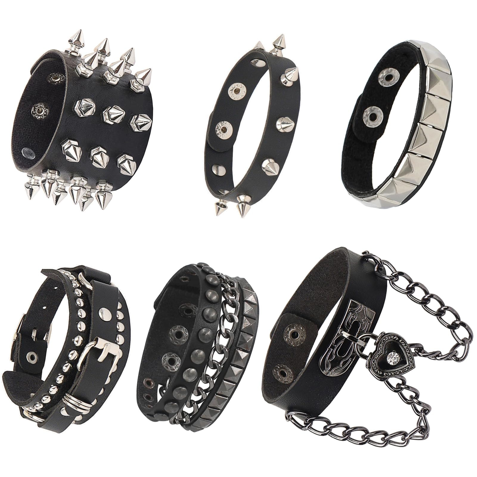 6Pcs Punk Goth PU Leather Bracelet Studded Spike Rivet Buckle Wristband Cuff Bangle Black Gothic Steampunk for Men Women Unisex 80s Cool Rock Style Party Favors Jewelry Cosplay Night Club Sexy Gift Halloween Christmas Accessories: 6Pcs Punk Goth PU Leather Bracelet Studded Spike Rivet Buckle Wristband Cuff Bangle Black Gothic Steampunk for Men Women Unisex 80s Cool Rock Style Party Favors Jewelry Cosplay Night Club Sexy Gift Halloween Christmas Accessories