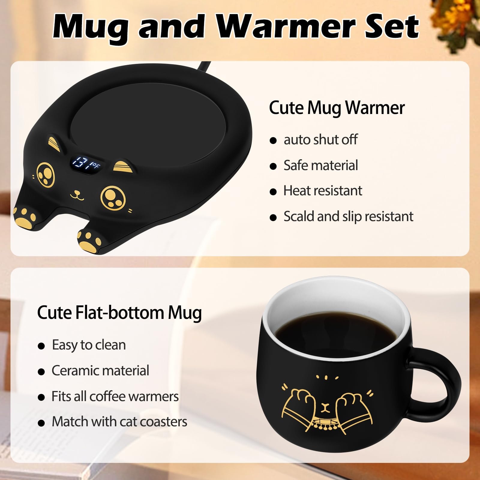 PUSEE Coffee Mug Warmer & Cute Cat Mug Set, Coffee Cup Warmer for Desk with Auto Shut Off, Beverage Warmer with 3 Temp Settings, Candle Warmer Coffee Warmer with Mug Set for Christmas & Birthday Gifts - Image 6