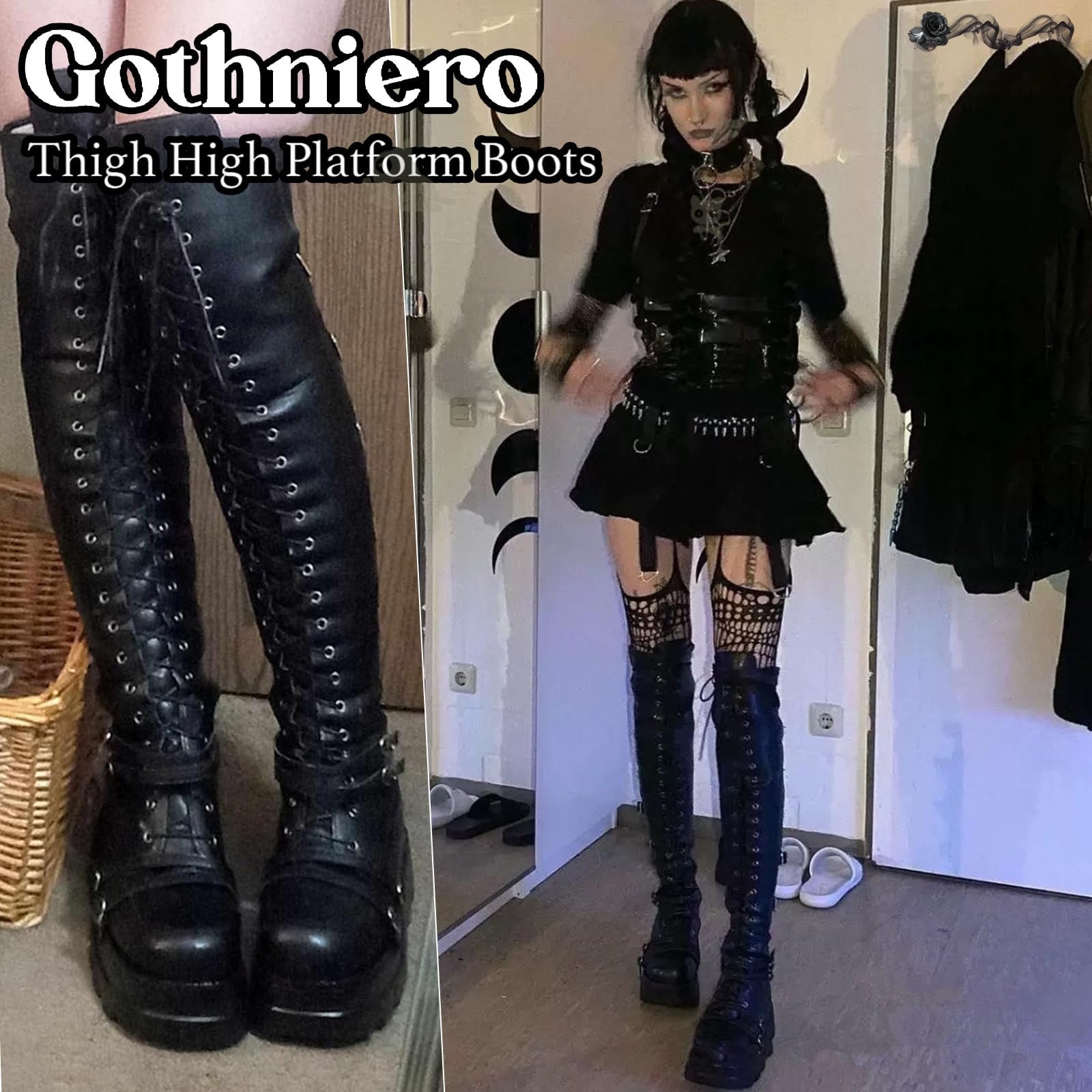 Gothniero Black Platform Boots Over Knee Thigh High Goth Boots for Women Chunky Heel Rave Motorcycle Boots with Buckles Side Zip Lace Boots Size5.5-10 - Image 2