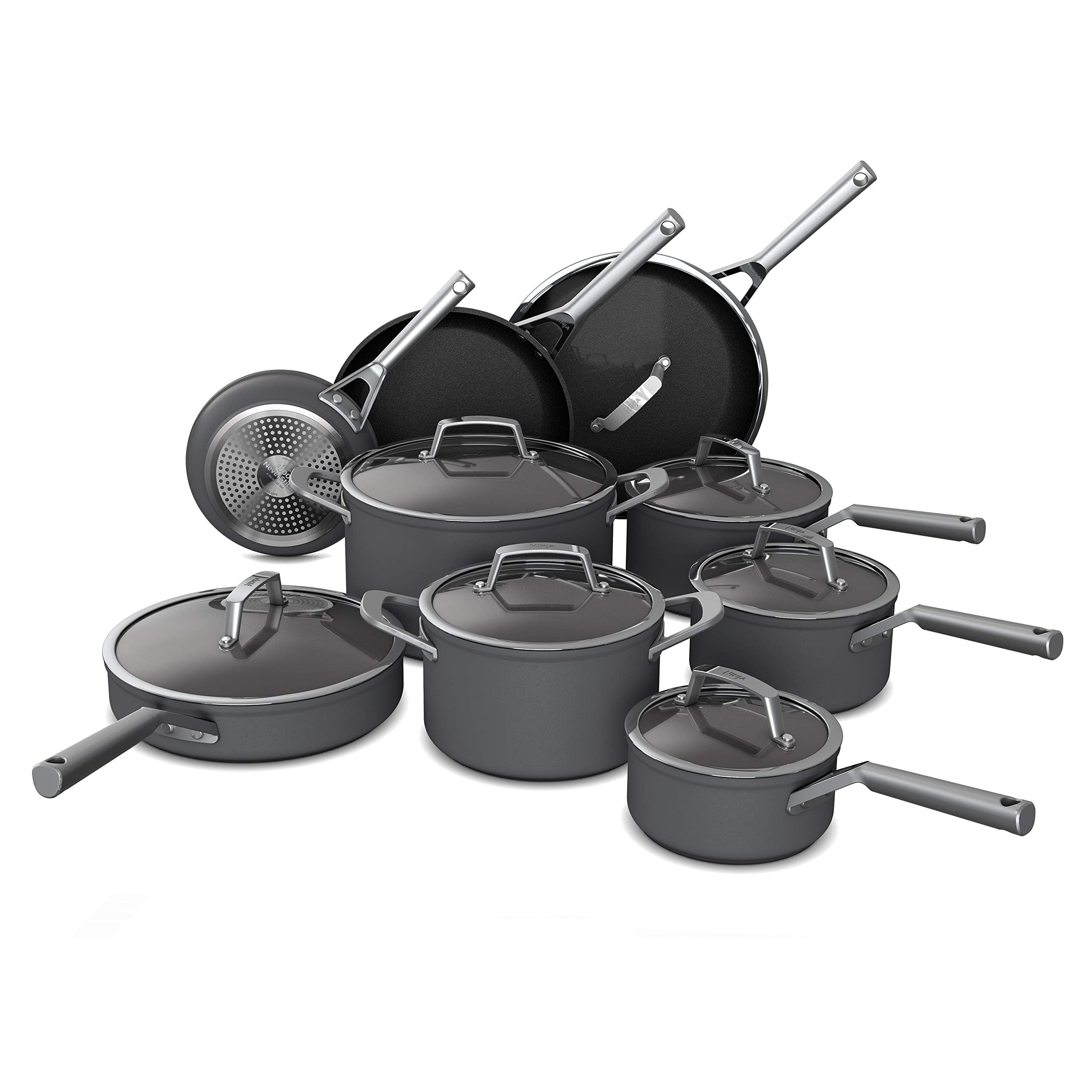 Ninja Cookware, Ninja NeverStick Premium, 16-Piece Pots and Pans Set, Non Stick Frying Pans, Kitchen Essentials, Stock Pot, Sauce Pan, Glass Lids, Saute Pan, All Stovetops, Black, C39900 - Image 1