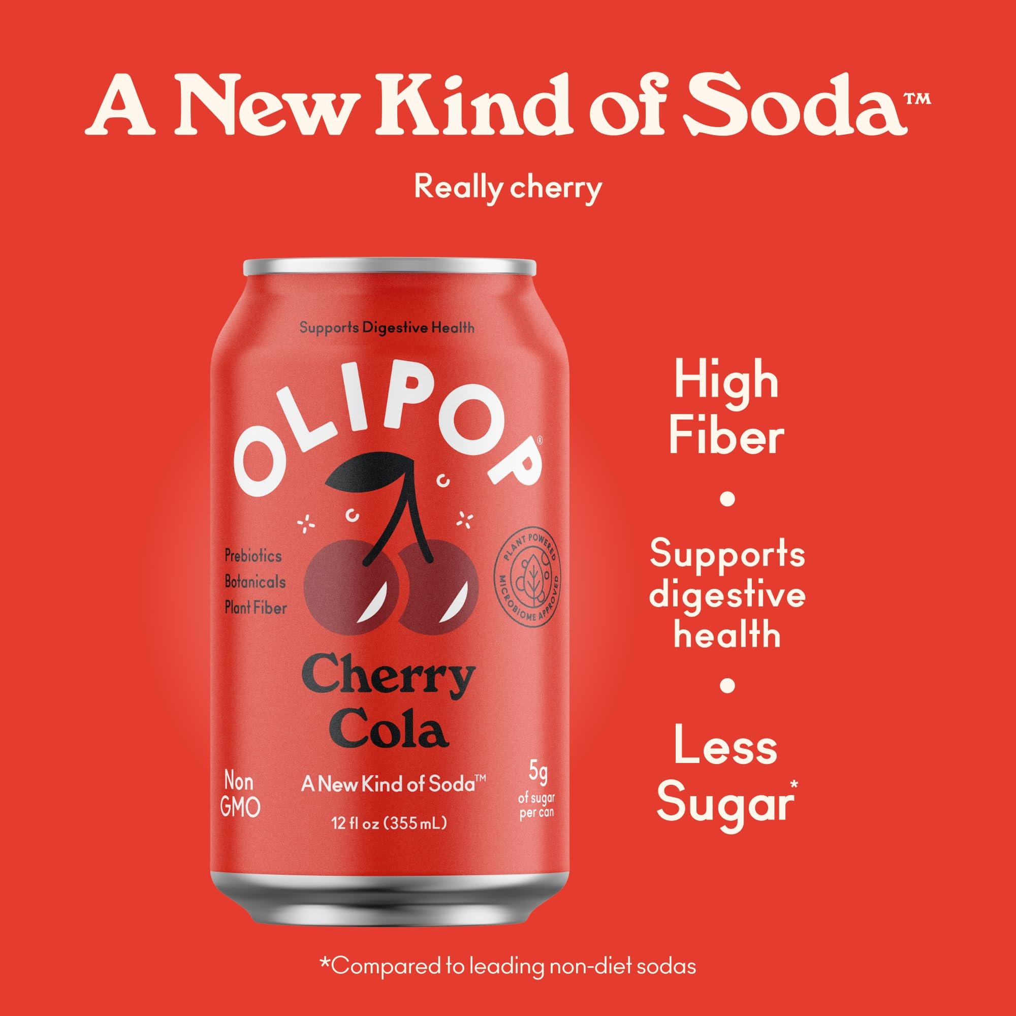 OLIPOP Prebiotic Soda Pop, Cherry Cola, A New Kind of Soda Packed with Prebiotics, Fiber, and Botanicals, Gluten Free, Vegan, GMO Free, 12oz (12-Cans) - Image 4