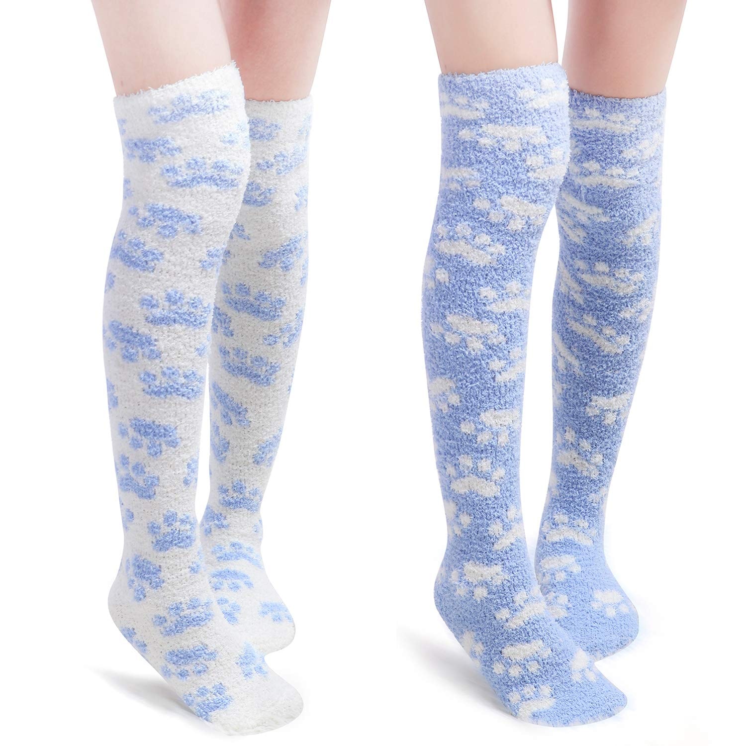 Littleforbig Cute Coral Fleece Thigh High Long Paws Pattern Socks 2 Pairs: Large Blue