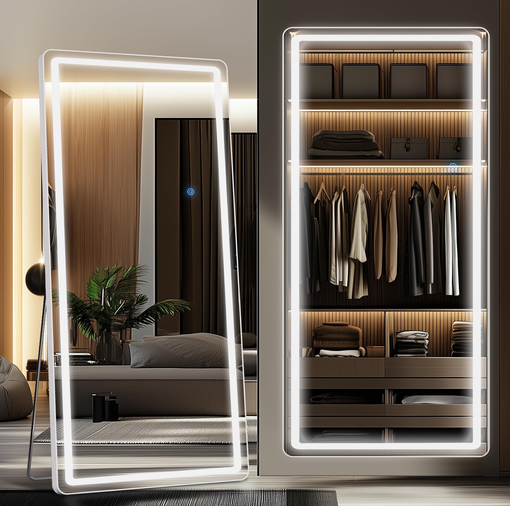 Antok LED Full Length Mirror, 71" x 28" Lighted Floor Standing LED Mirror Full Length,Hanging Mirror with Stand Free Standing Floor Mirror for Bedroom (Rect) - Image 1