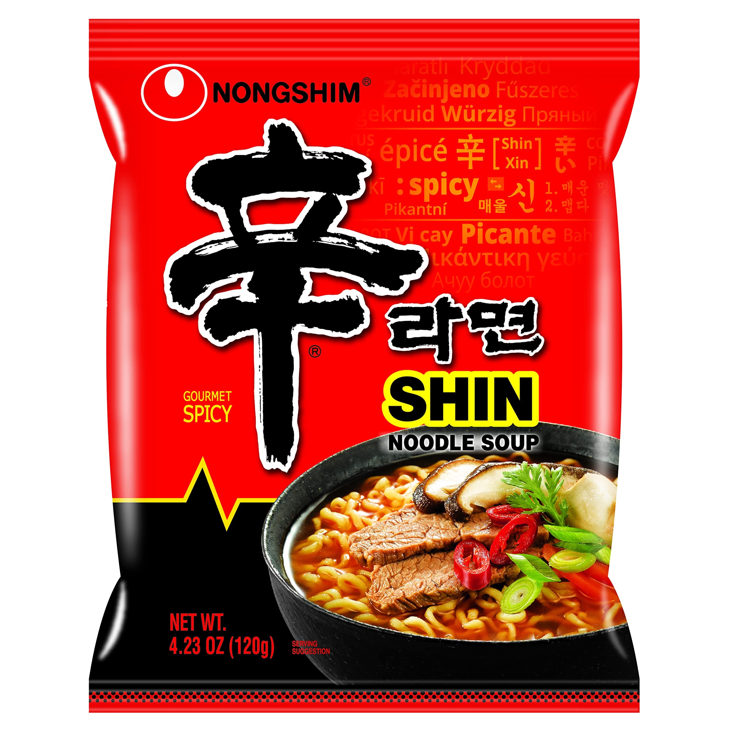 Nongshim Gourmet Spicy Shin Instant Ramen Noodle, 20 Pack, Chunky Vegetables, Premium Microwaveable Ramen Soup Mix, Savory & Rich: Spicy Shin 4.23 Ounce (Pack of 20)