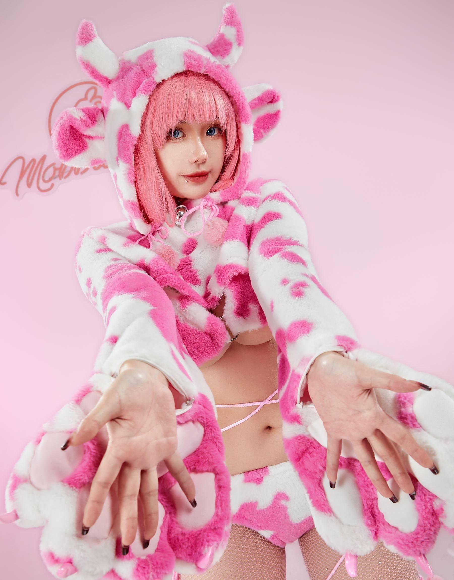 Women's Anime Cute Pajamas Set Cow Print Cosplay Lingerie Furry Paw Set Fuzzy Hoodie Top and Bra Panty Outfit - Image 5