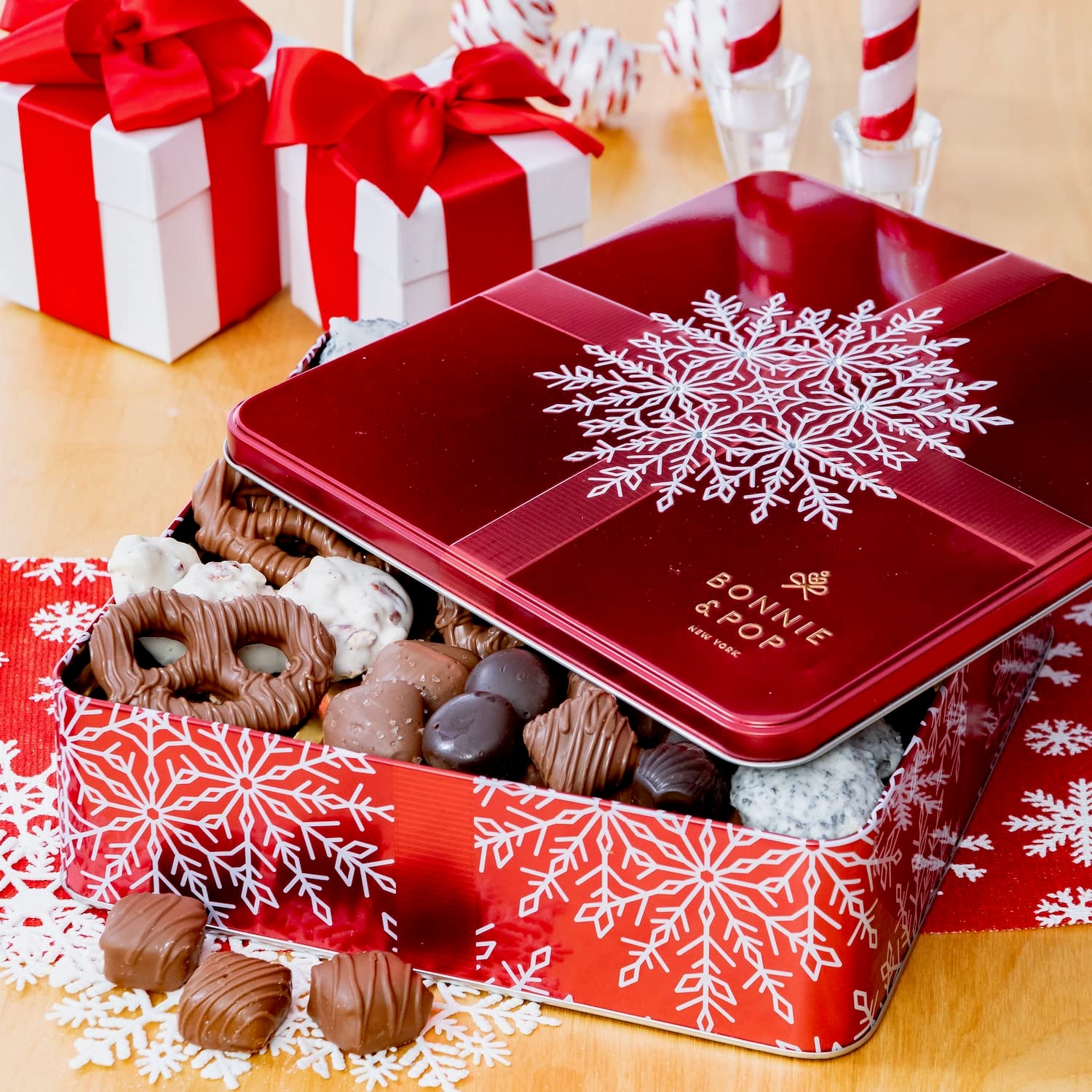 BONNIE AND POP - Valentines Day Chocolate Gift Basket- Gourmet Chocolate Snack Variety Present in Keepsake Tray- Includes Belgium Pretzels, Peppermint Patties, Sea Salt Caramels, Chocolate Espresso Beans- Bonnie and Pop - Image 5