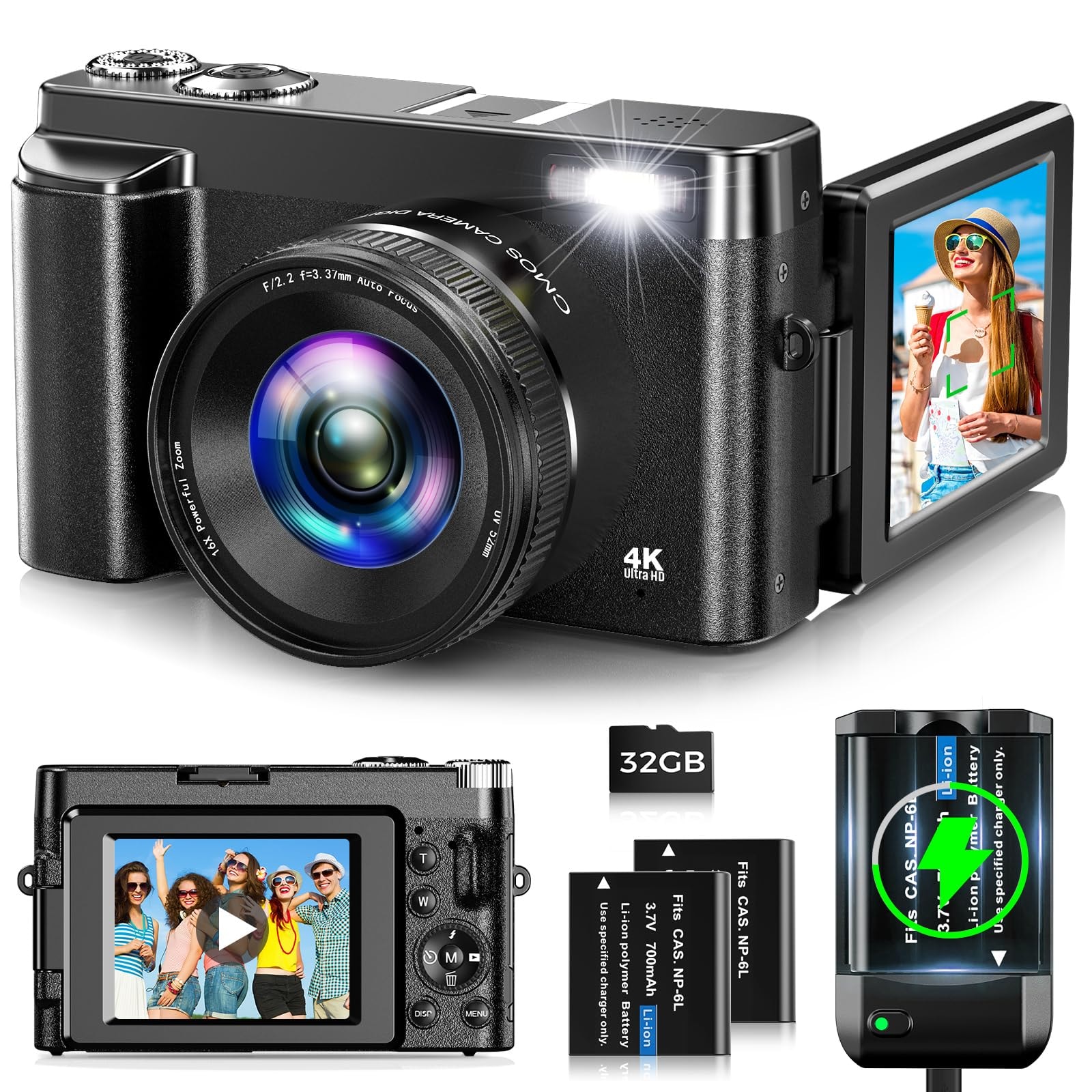 4K Digital Camera for Photography Autofocus 48MP Vlogging Camera for YouTube with 3'' 180°Flip Screen 16X Digital Zoom 4K Video Compact Travel Camera with SD Card,Flash, Anti-Shake (Black): 4K Digital Camera for Photography Autofocus 48MP Vlogging Camera for YouTube with 3'' 180°Flip Screen 16X Digital Zoom 4K Video Compact Travel Camera with SD Card,Flash, Anti-Shake (Black)