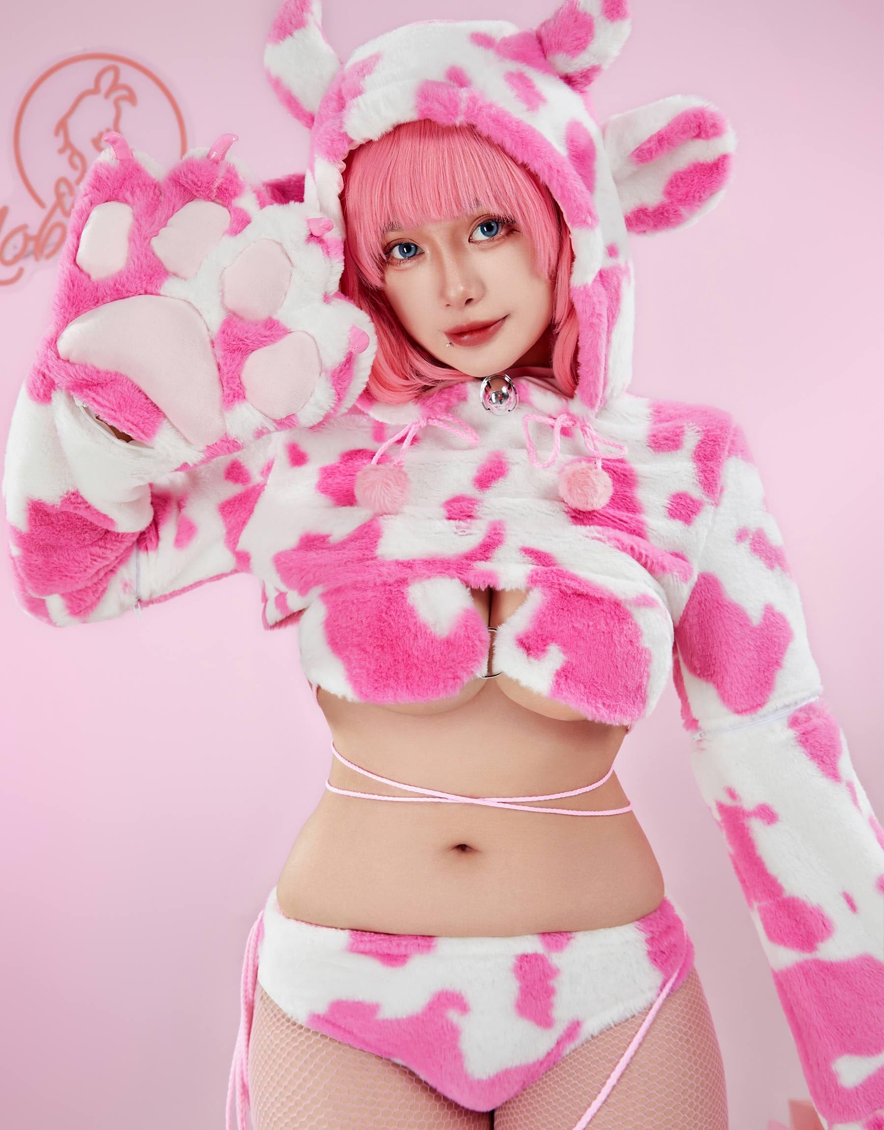 Women's Anime Cute Pajamas Set Cow Print Cosplay Lingerie Furry Paw Set Fuzzy Hoodie Top and Bra Panty Outfit - Image 3