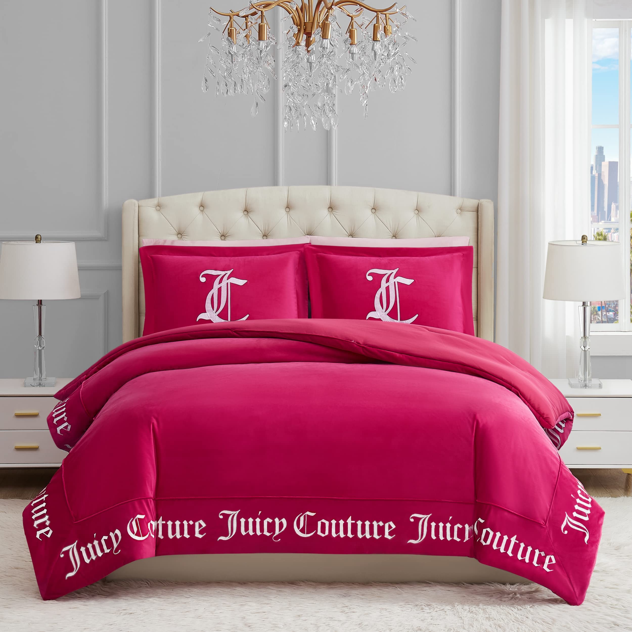 Juicy Couture - Comforter Set - Gothic Design Bedding - King - 3 Piece Set Includes (1) 108" x 92" Comforter and (2) 20" x 36" Shams - Wrinkle Resistant - Premium Bedroom Decor - Black: Hot Pink Full/Queen 3PC