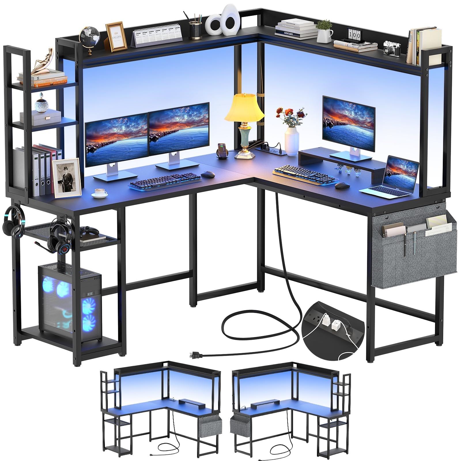 Aheaplus L Shaped Desk with Power Outlet, L Shaped Gaming Desk with Led Light & Hutch, Reversible Home Office Desk, Corner Computer Desk Writing Desk with Monitor Stand & Storage Shelves,: Black