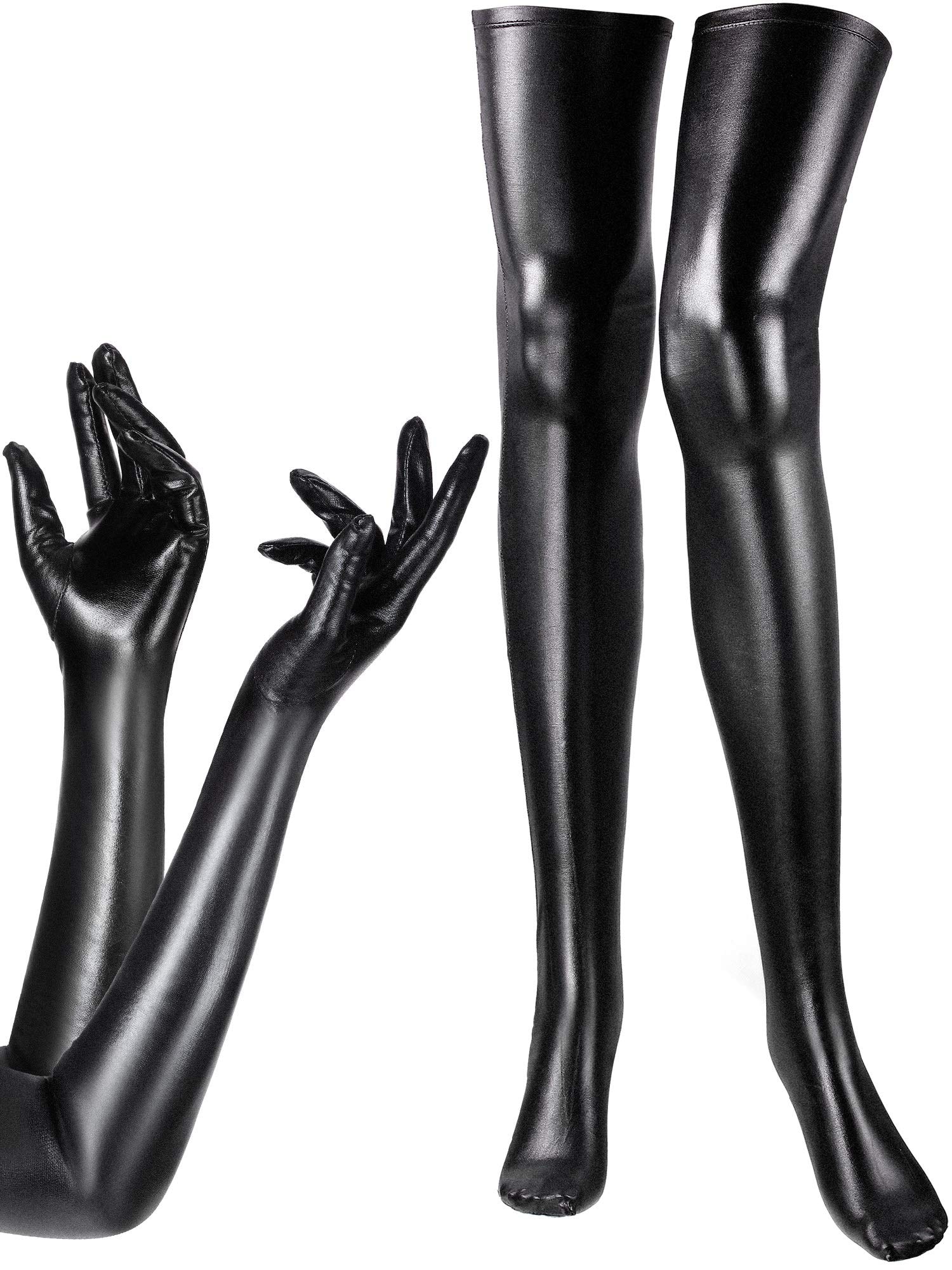 SATINIOR Women's Carnival Halloween Costume Elastic Spandex Shiny Wet Long Gloves and Thigh High Stockings - Image 1