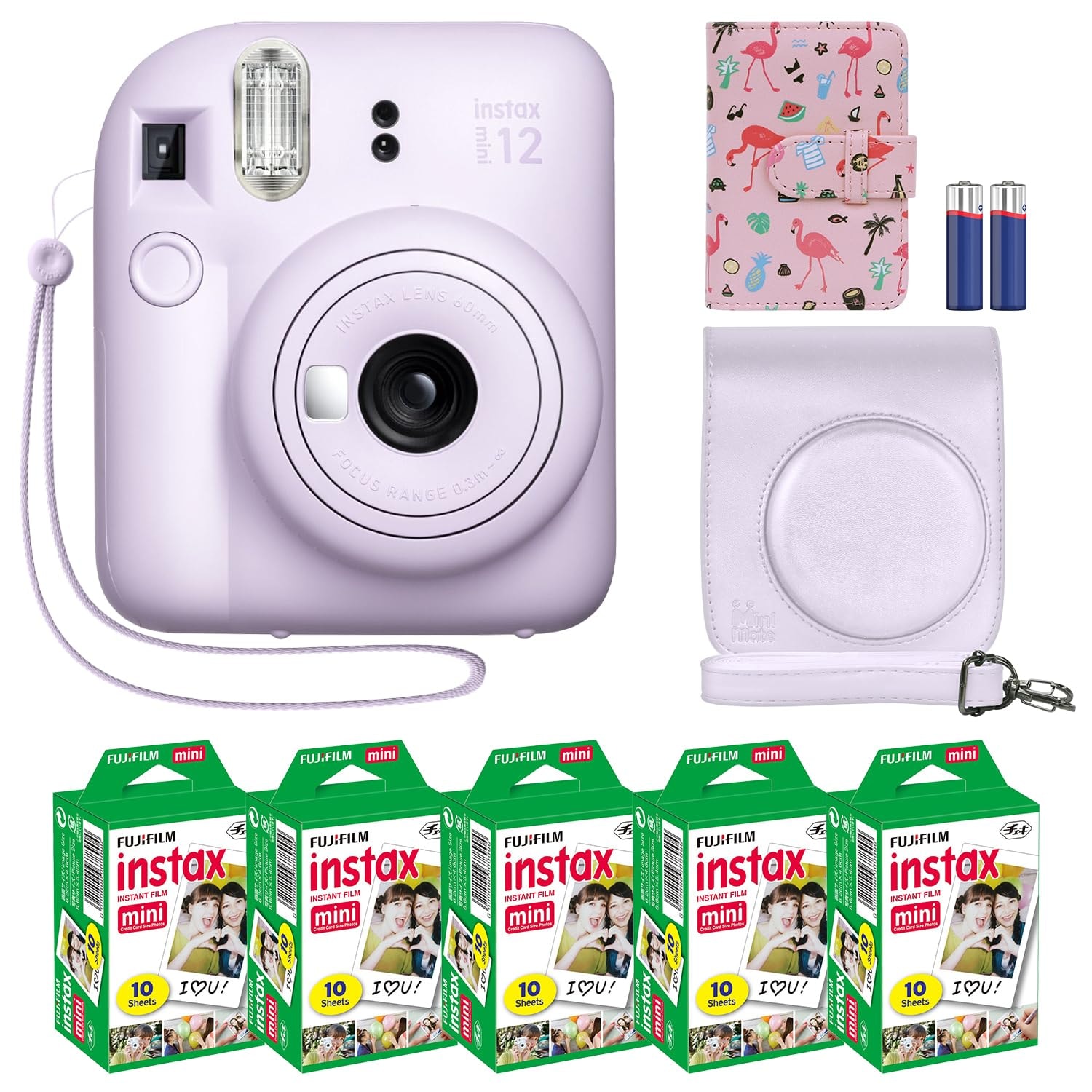 Fujifilm Instax Mini 12 Instant Camera + MiniMate Accessory Bundle & Compatible Custom Case + Fuji Instax Film Value Pack (50 Sheets) Flamingo Designer Photo Album (): Lilac Purple