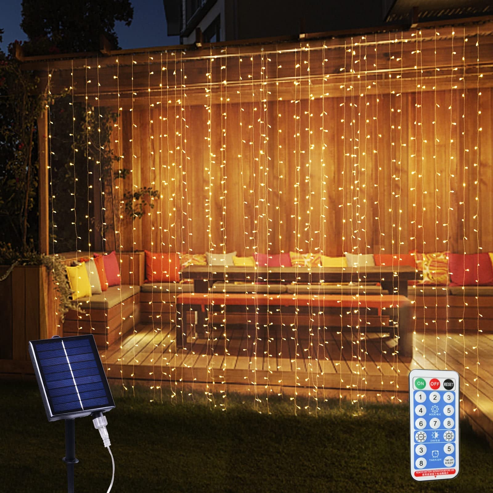 300LED Solar Curtain Lights Outdoor Indoor 8 Modes Solar Fairy Curtain String Lights Waterproof Twinkle Lights for Home Garden Patio Gazebo(): Warm White