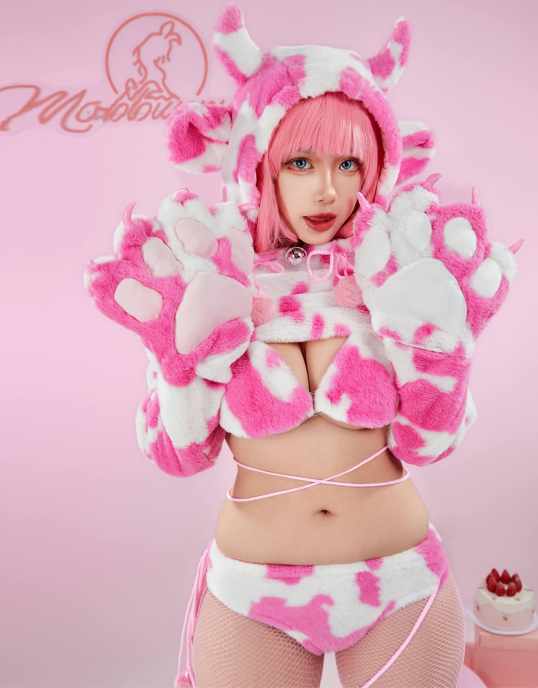 Women's Anime Cute Pajamas Set Cow Print Cosplay Lingerie Furry Paw Set Fuzzy Hoodie Top and Bra Panty Outfit - Image 4