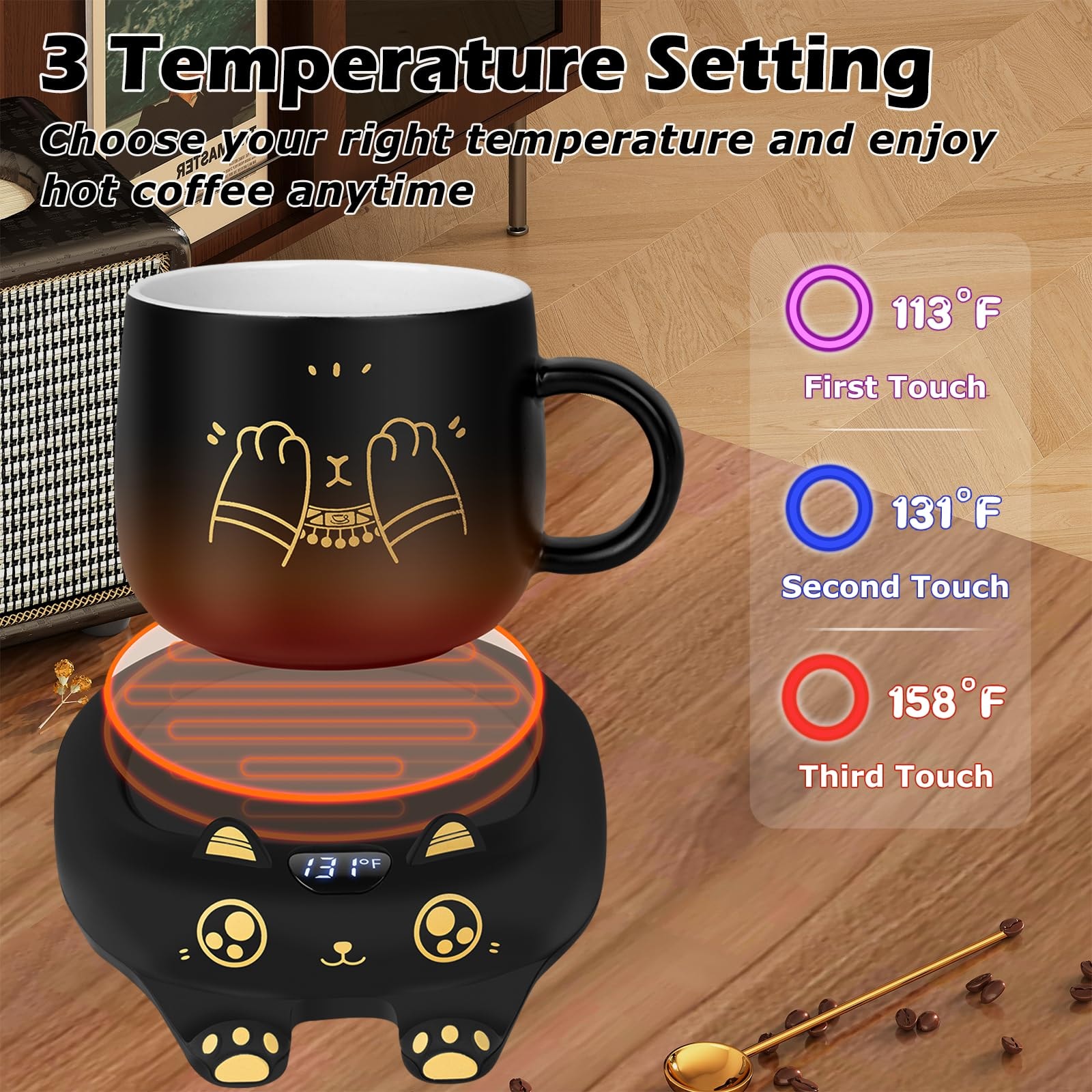 PUSEE Coffee Mug Warmer & Cute Cat Mug Set, Coffee Cup Warmer for Desk with Auto Shut Off, Beverage Warmer with 3 Temp Settings, Candle Warmer Coffee Warmer with Mug Set for Christmas & Birthday Gifts - Image 2