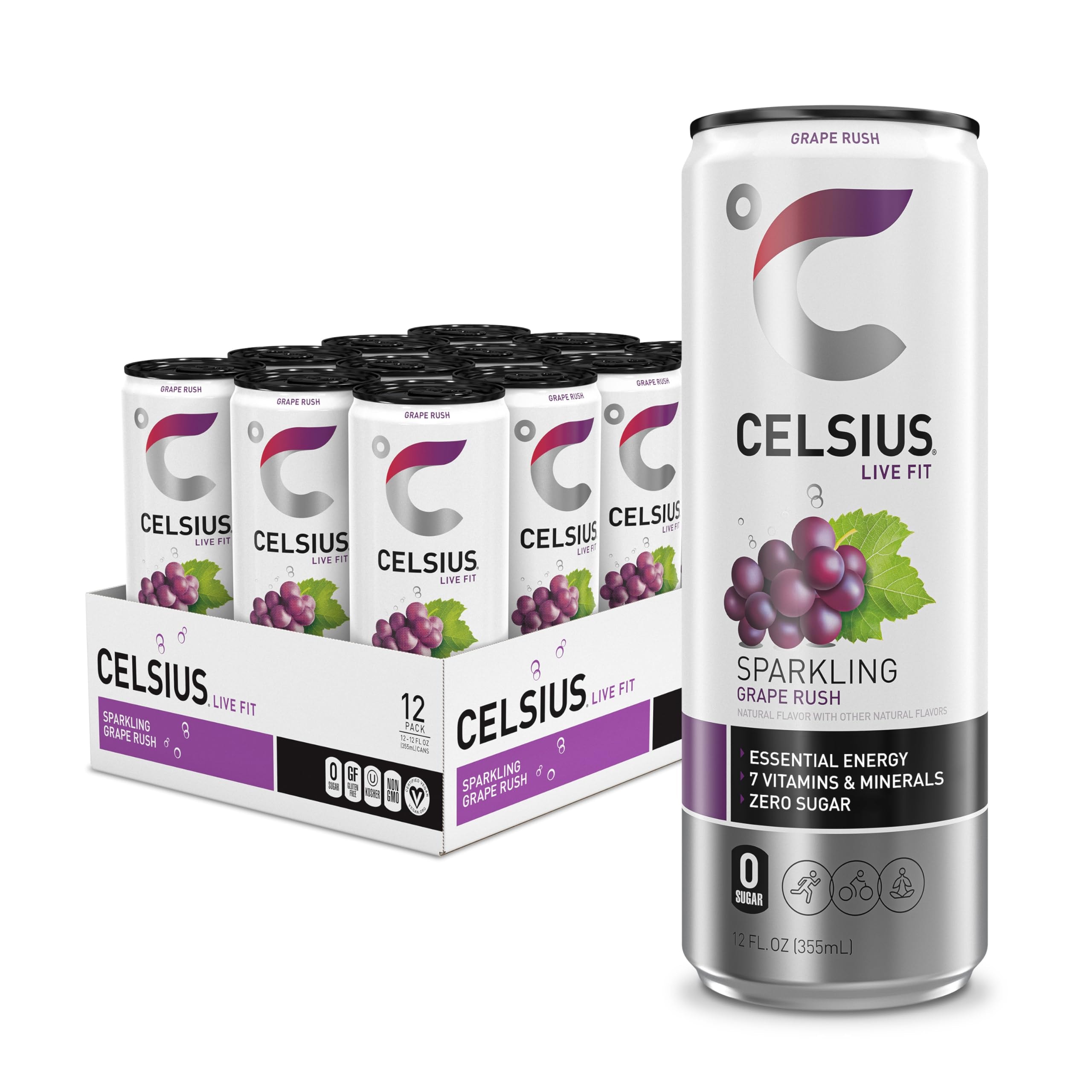 CELSIUS Sparkling Grape Rush, Functional Essential Energy Drink 12 Fl Oz (Pack of 12) - Image 1