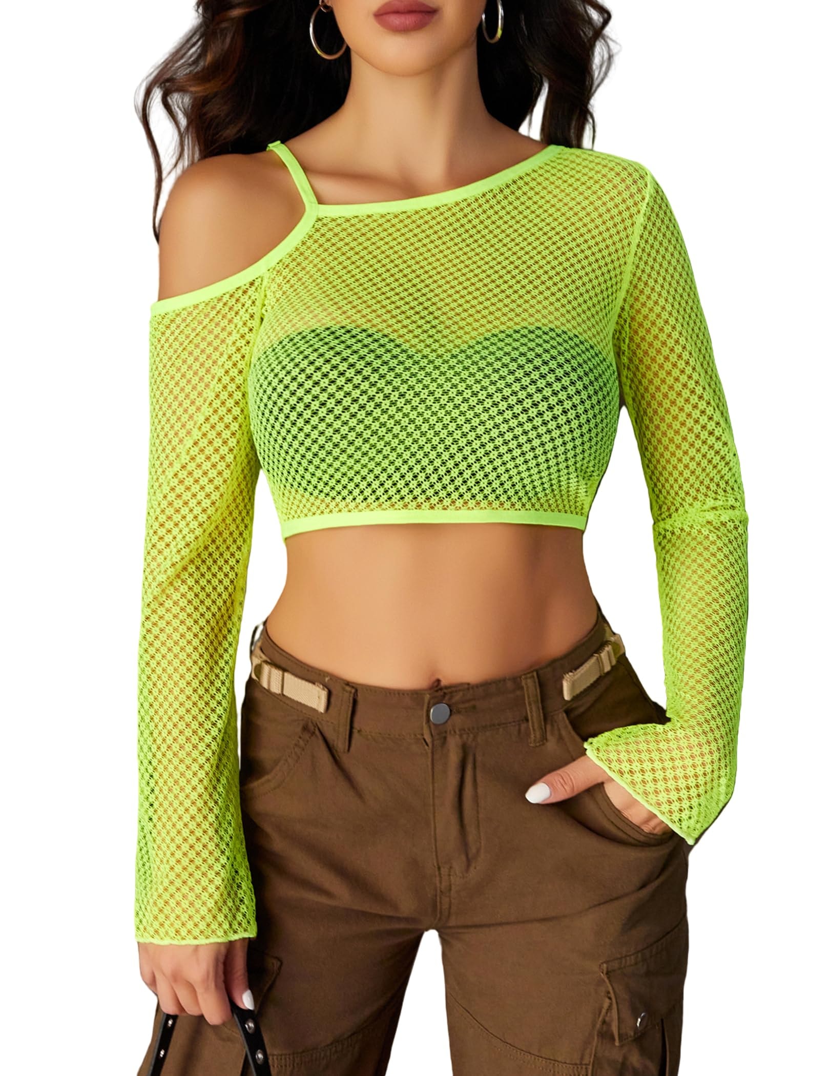 Avidlove Mesh Crop Tops for Women Long Sleeve Fishnet Shirt See Through Tops Rave Outfits Party Clubwear: Neon Green Small