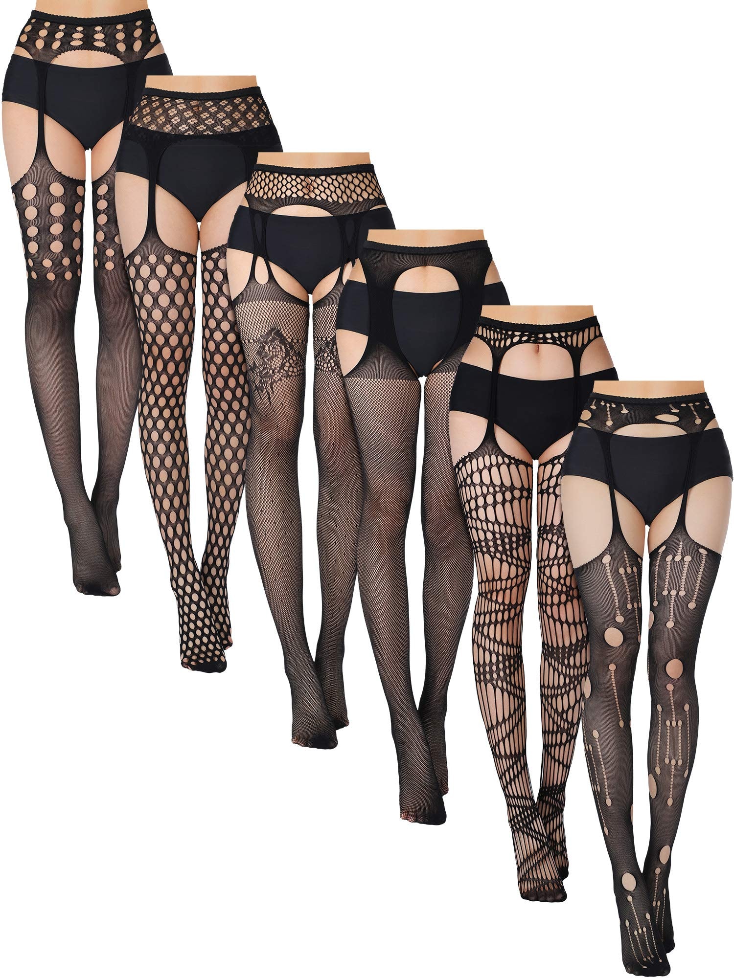 Skylety 6 Pairs Women Fishnet Thigh High Stockings Suspender Pantyhose Stockings for Halloween - Image 1