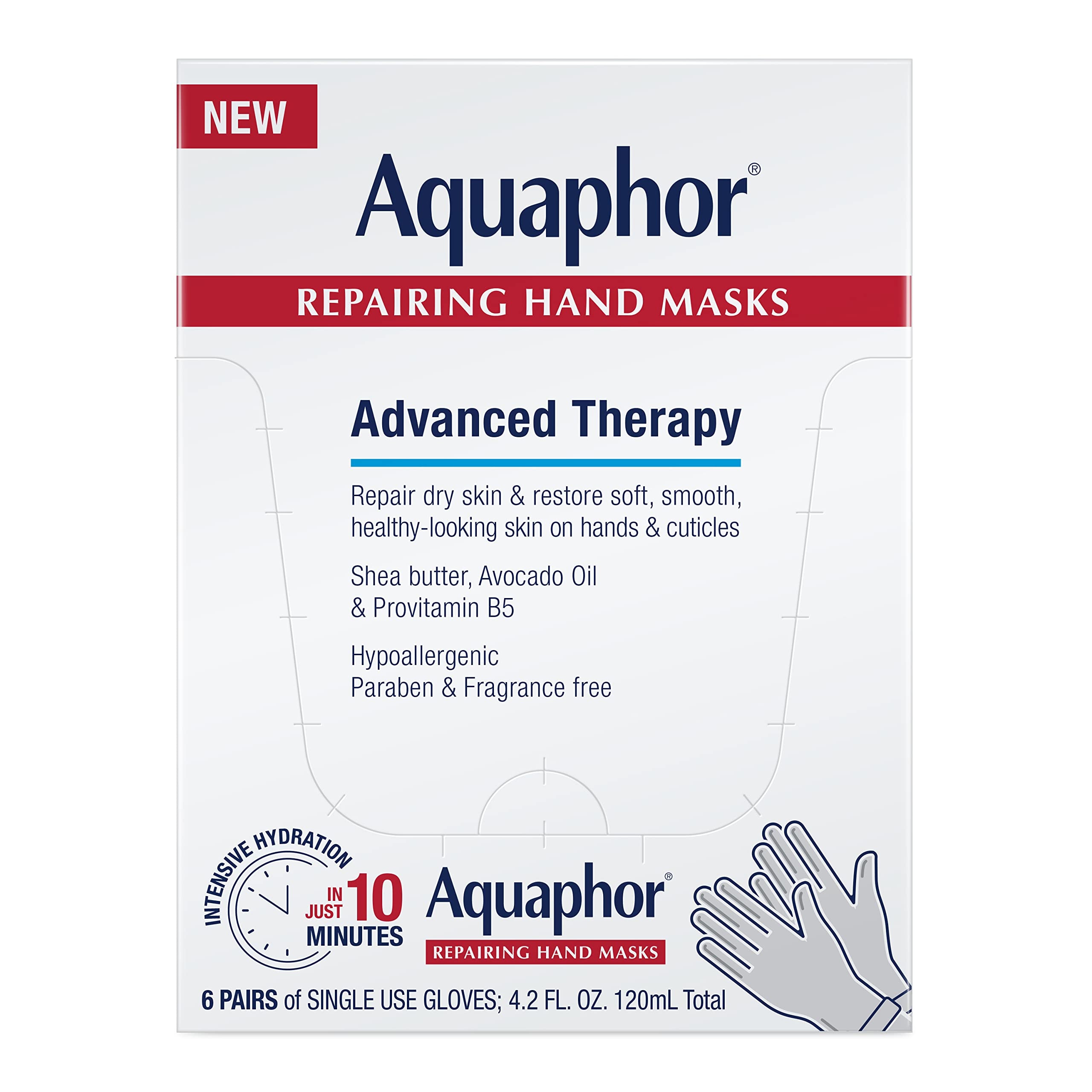 Aquaphor Repairing Hand Masks, Moisturizing Gloves for Dry Hands, Hand Moisturizer for Dry Skin with Avocado Oil and Shea Butter, Pack of 6 - Image 1