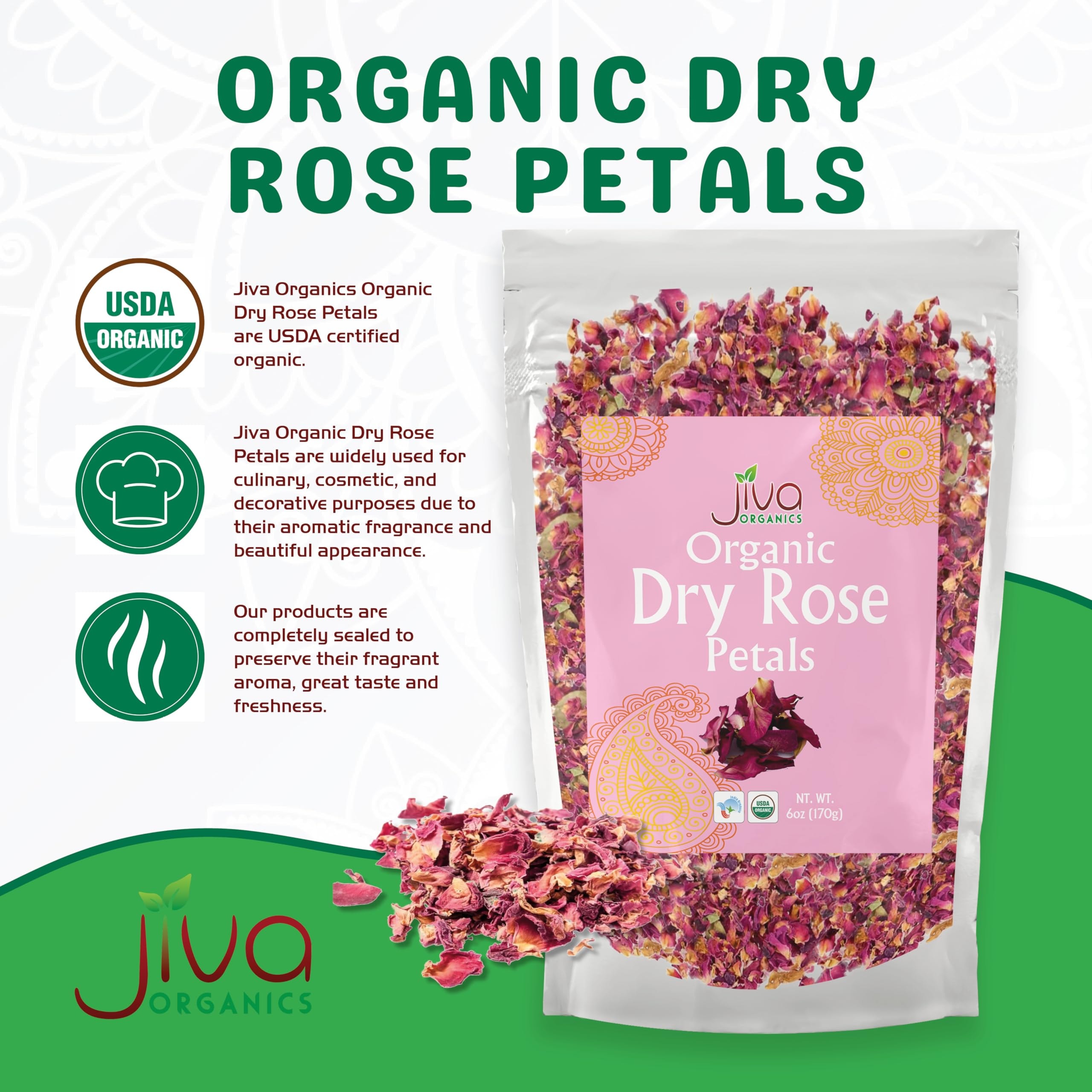 Jiva USDA Organic Dried Red Rose Petals 6 Oz (170g) Large Bag - Food Grade, Edible Flowers - Use in Tea, Baking, Making Rose Water, Crafting, Wedding Confetti - Image 2