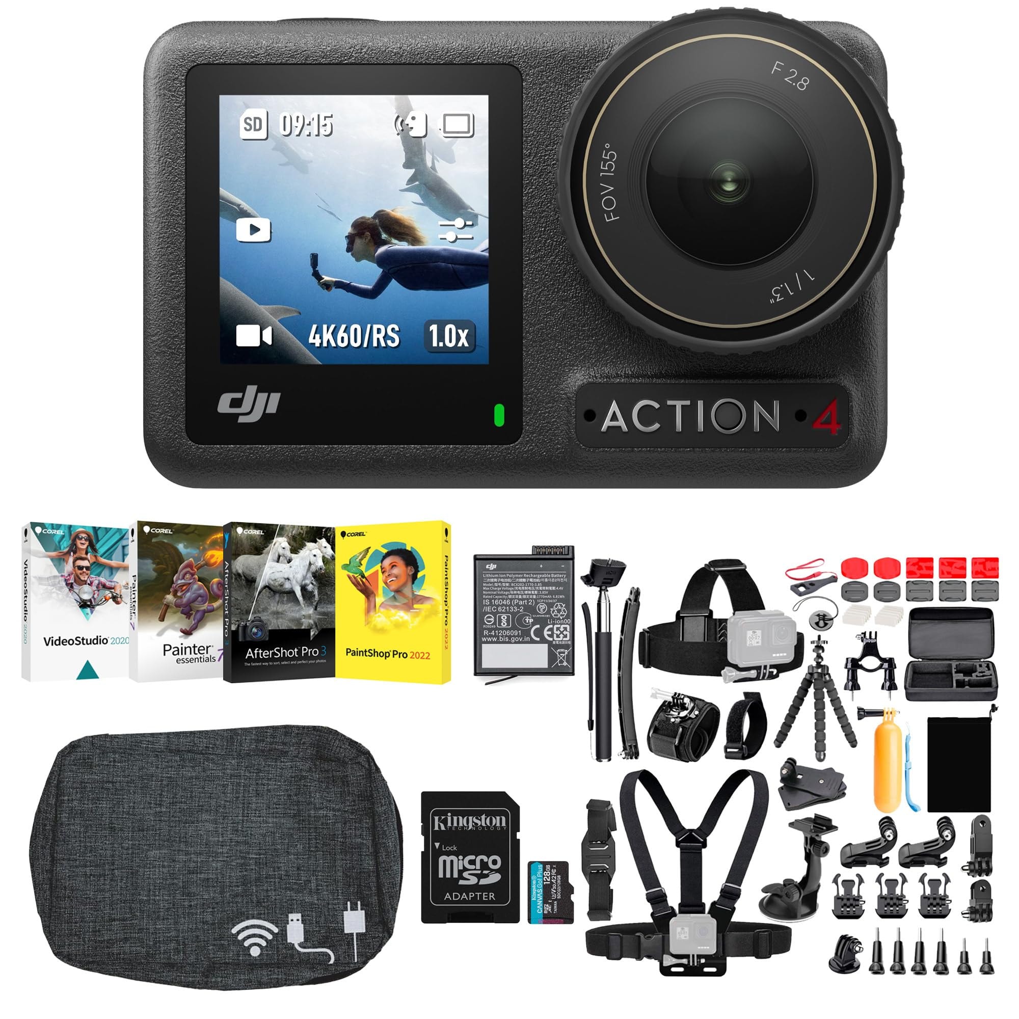 DJI Osmo Action 4 Camera Standard Combo Bundle with Photo, Video, and Art Softwares, 50-in-1 Action Camera Accessory Kit, Compact Camera Case with Storage and 128GB MicroSD Card (5 Items): DJI Osmo Action 4 Camera Standard Combo Bundle with Photo, Video, and Art Softwares, 50-in-1 Action Camera Accessory Kit, Compact Camera Case with Storage and 128GB MicroSD Card (5 Items)