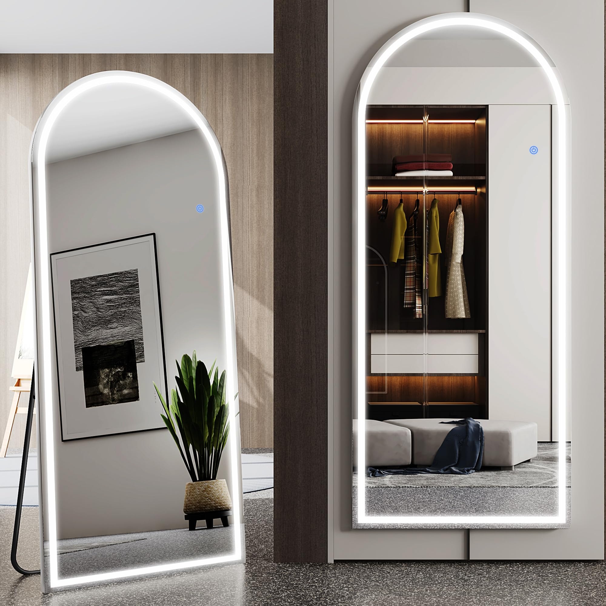 Antok LED Full Length Mirror, 71" x 28" Lighted Floor Standing LED Mirror Full Length,Hanging Mirror with Stand Free Standing Floor Mirror for Bedroom (Rect): 71"L x 28"W Arched Style White