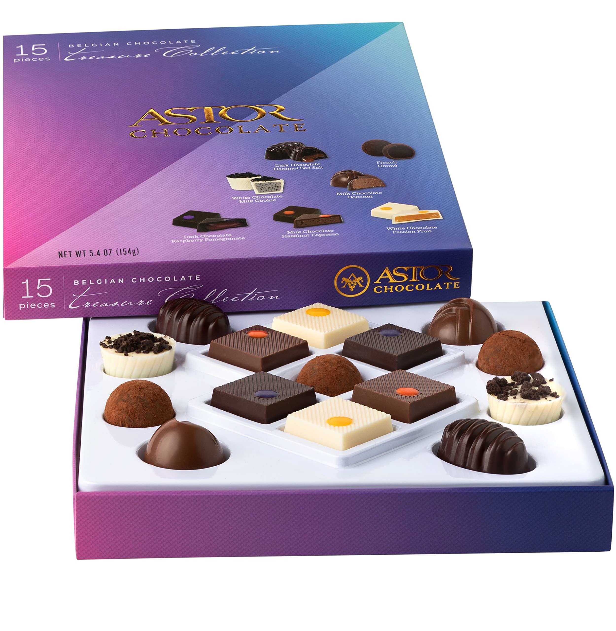 Gourmet Chocolate Truffles Gift Box, Astor Chocolate Treats Collection, 15 Assorted Belgian Chocolate Candy Gifts for for Her and Him with 7 Delectable Flavors, Kosher: 15 Pieces