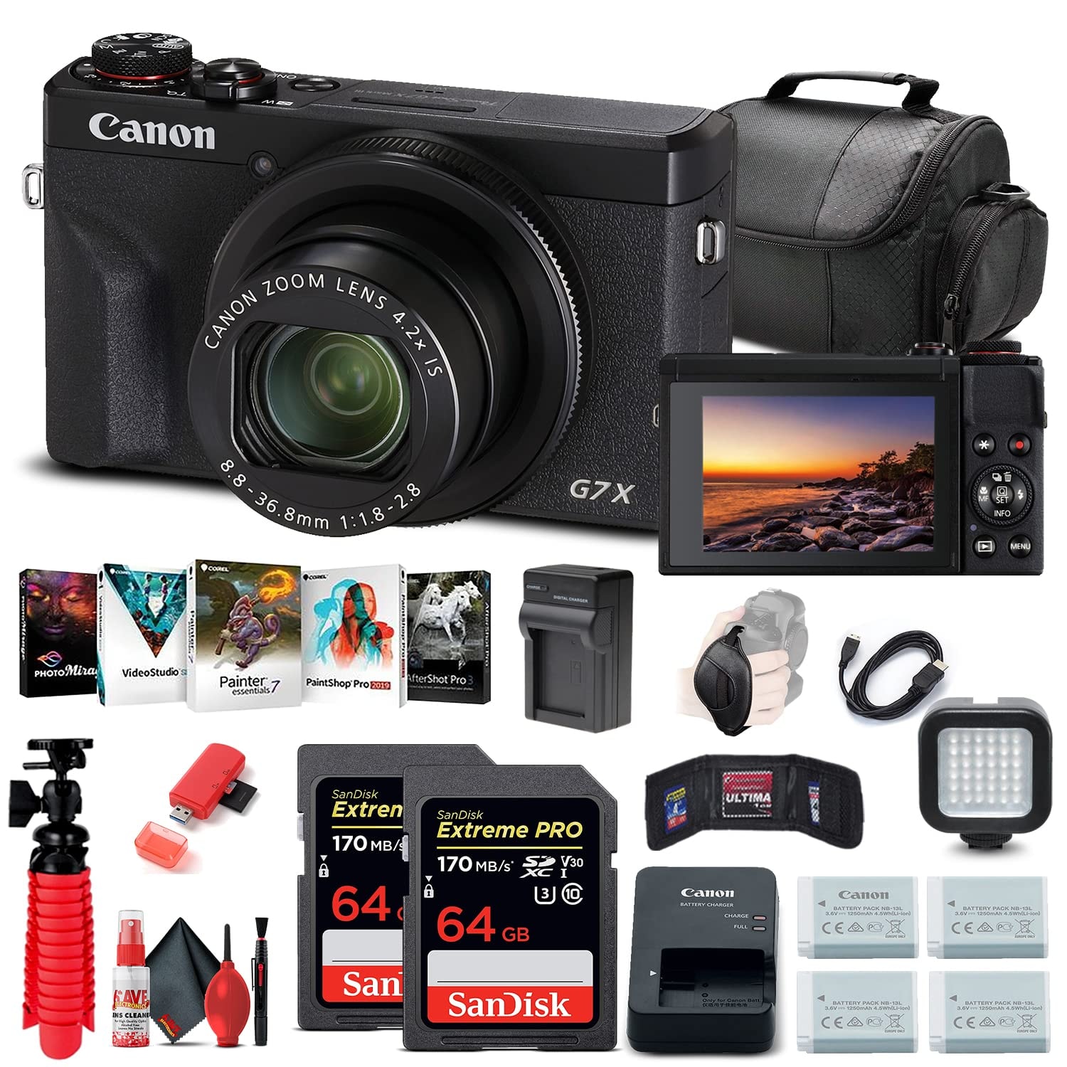 Canon PowerShot G7 X Mark III Digital Camera (Black) (3637C001) + 2 x 64GB Memory Card + 3 x NB13L Battery + Corel Photo Software + Charger + Card Reader + LED Light + More (Renewed): Canon PowerShot G7 X Mark III Digital Camera (Black) (3637C001) + 2 x 64GB Memory Card + 3 x NB13L Battery + Corel Photo Software + Charger + Card Reader + LED Light + More (Renewed)