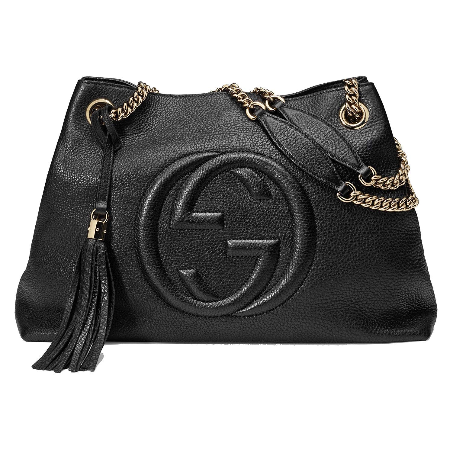 Gucci Soho Medium Black Double Leather Chain Shoulder Bag Tote Black Gold New - Image 1