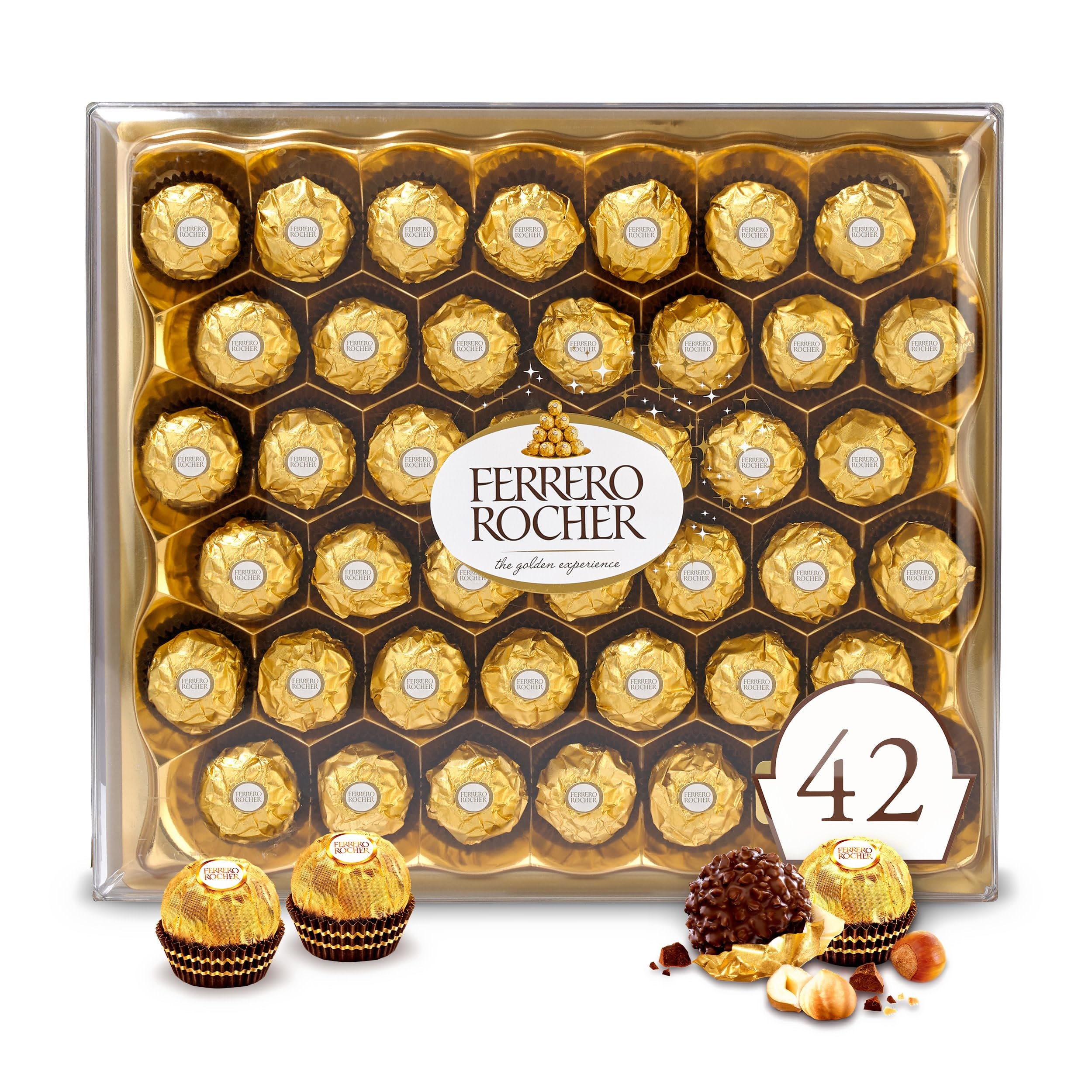 Ferrero Rocher, 42 Count, Gourmet Milk Chocolate Hazelnut, Chocolate Gift Box, Individually Wrapped, 18.5 oz - Image 1