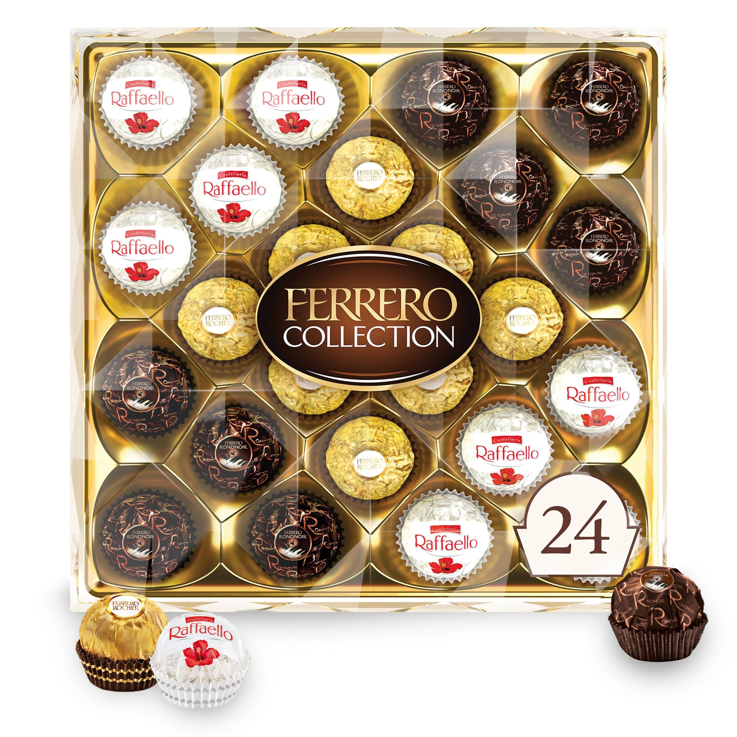 Ferrero Rocher, 24 Count, Premium Gourmet Assorted Hazelnut Milk Chocolate, Dark Chocolate and Coconut Chocolates, Chocolate Gift Box, 9.1 oz​ - Image 1