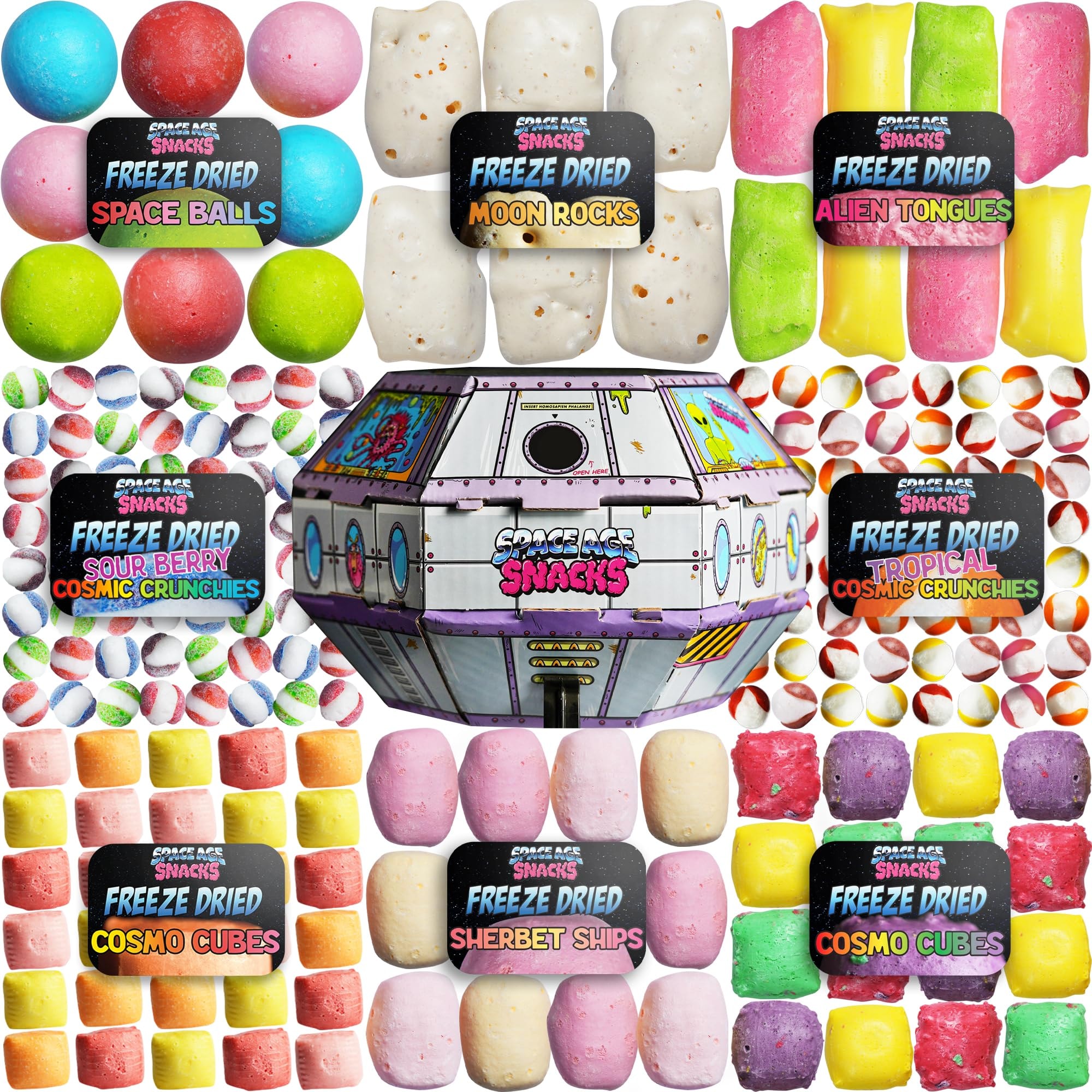 UFO Pack - 9 Kinds of Premium Freeze Dried Candy - Cosmic Crunchies, Moon Clouds, Space Sharks, Alien Tongues, Lemon Stars and More Shipped in a Spaceship Box for Protection: 8 Pack