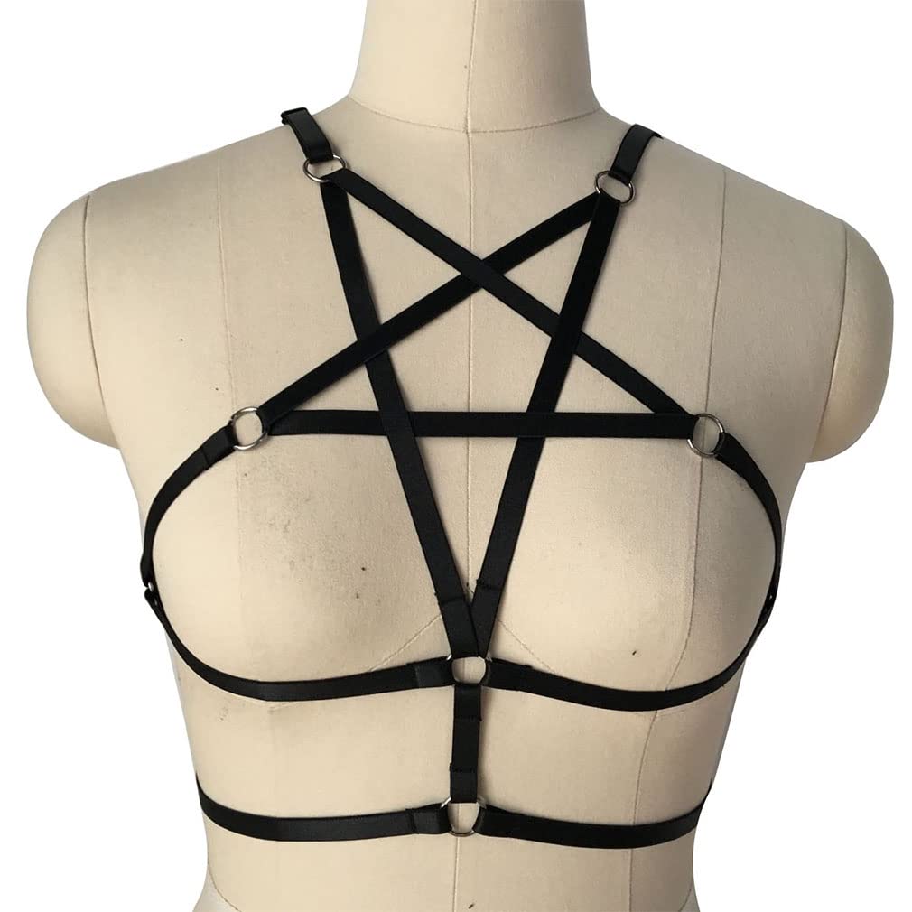 Sexy Women Harness Halter Pentagram Body Harness Bra Caged Bra Cupless Bra Punk Gothic Style Strappy Bralette One Size