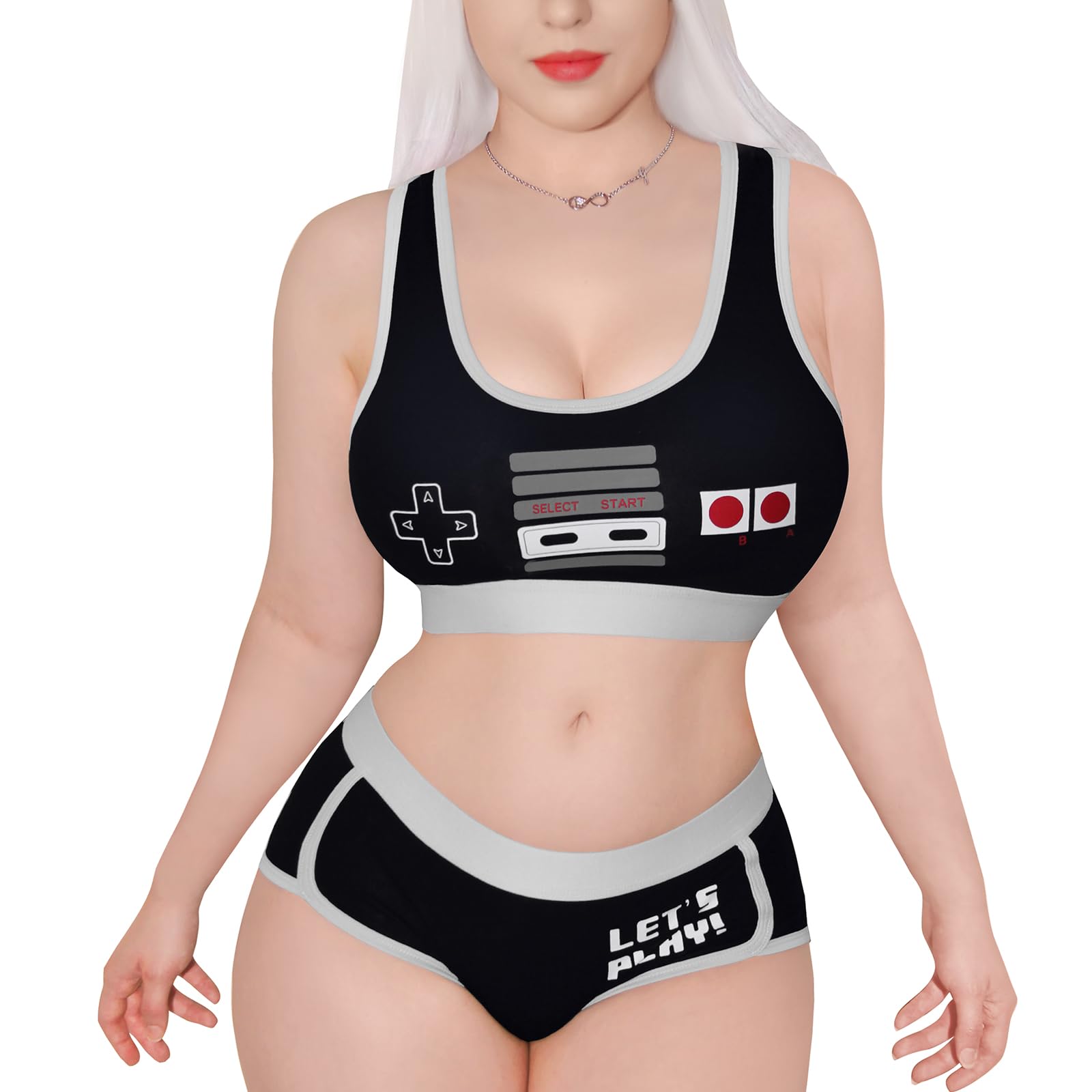 Littleforbig Women Cotton Camisole and Panties Sports loungewear Bralette Set - Let's Play Gamer Girl: 3X-Large Black