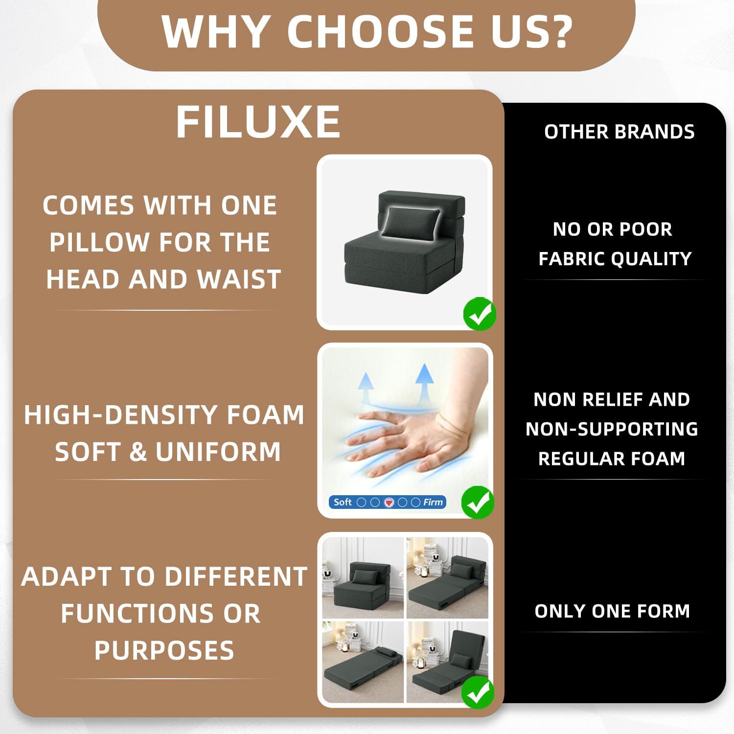 FILUXE Convertible Folding Sofa Bed - Sleeper Chair with Pillow, Modern Linen Fabric Floor & Futon Couch, Foldable Mattress for Living Room/Dorm/Guest Use/Home Office/Apartment, Queen Size, Dark Gray: Dark Gray Single